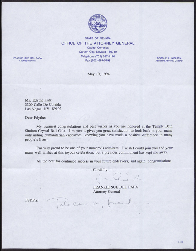 Letter from Frankie Sue Del Papa (Carson City) to Edythe Katz (Las Vegas, Nev.), May 10, 1994