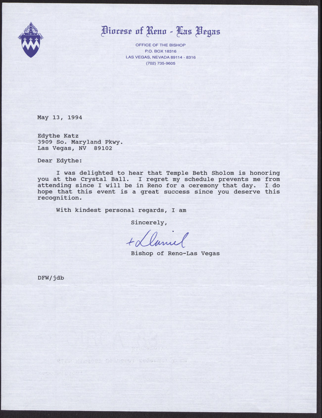 Letter from Father Daniel, Bishop of Reno-Las Vegas, to Edythe Katz (Las Vegas, Nev.), May 13, 1994