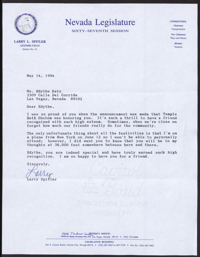 Letter from Larry L. Spitler (Las Vegas, Nev.) to Edythe Katz, May 14, 1994
