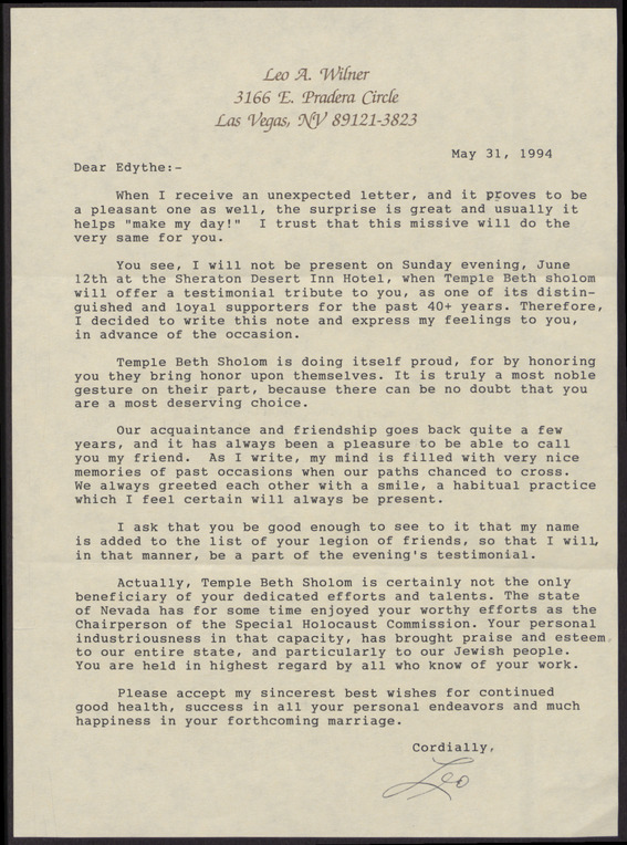 Letter from Leo A. Wilner (Las Vegas, Nev.) to Edythe Katz (Las Vegas, Nev.), May 31, 1994