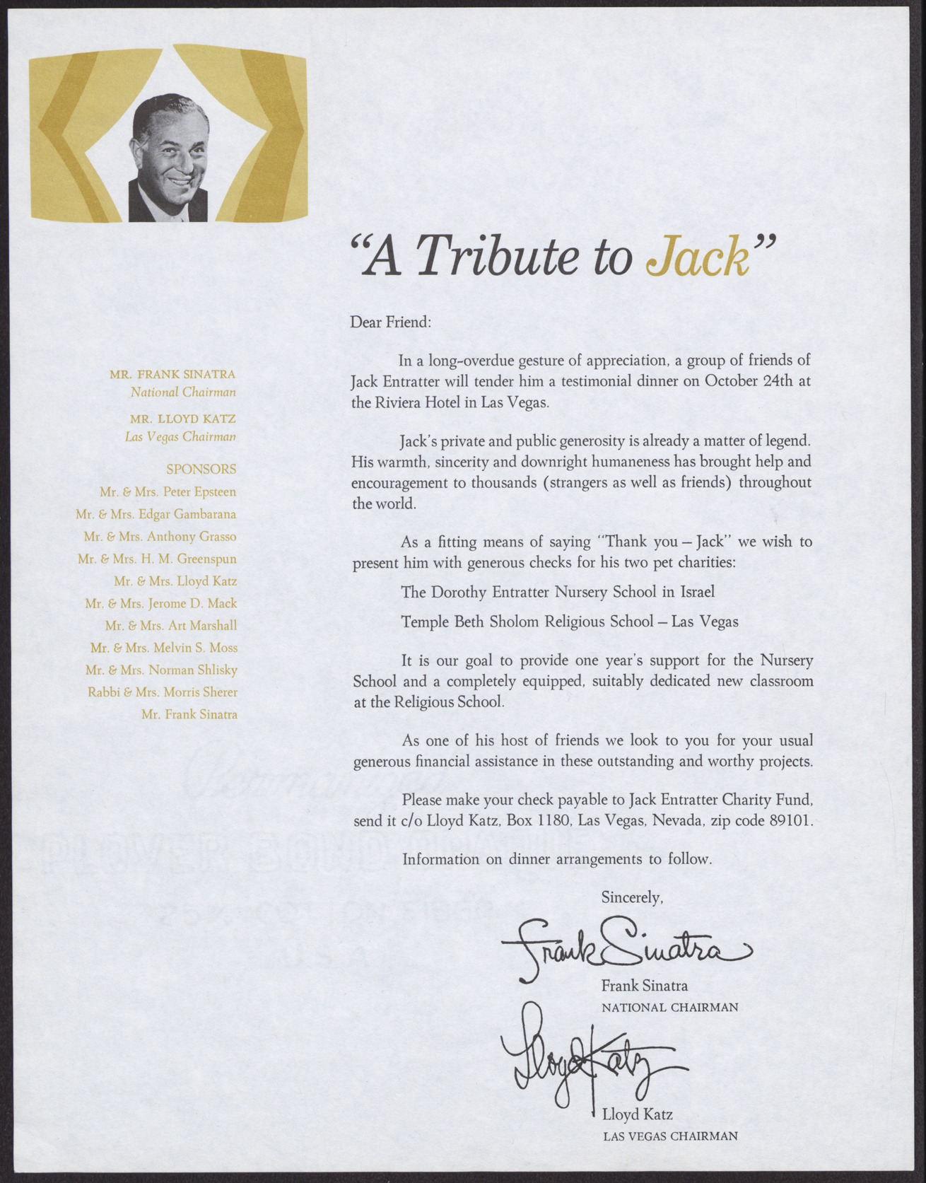Letter from Frank Sinatra and Lloyd Katz (Las Vegas, Nev.) to friends of Jack Entratter, 1965