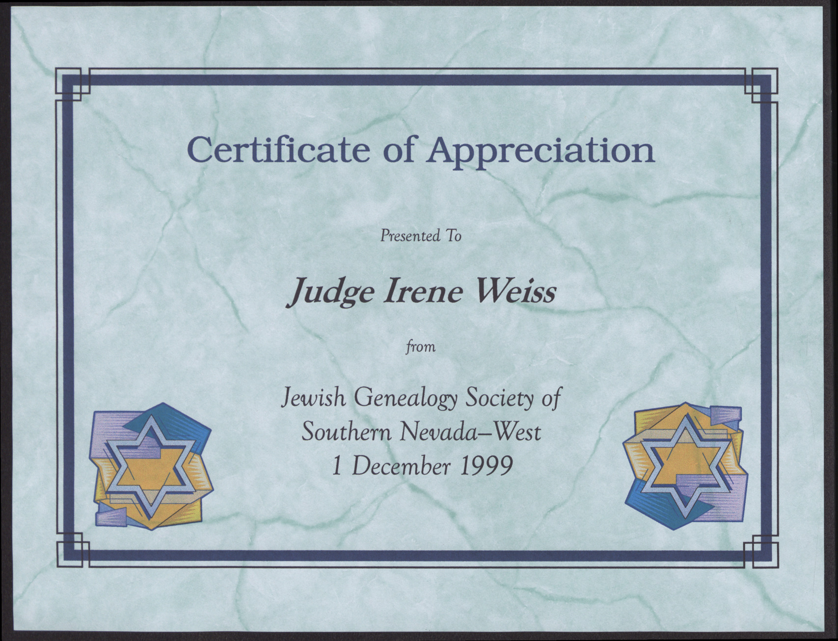 Certificate for Judge Irene Weiss from the Jewish Genealogy Society fo Southern Nevada West, December 1, 1999