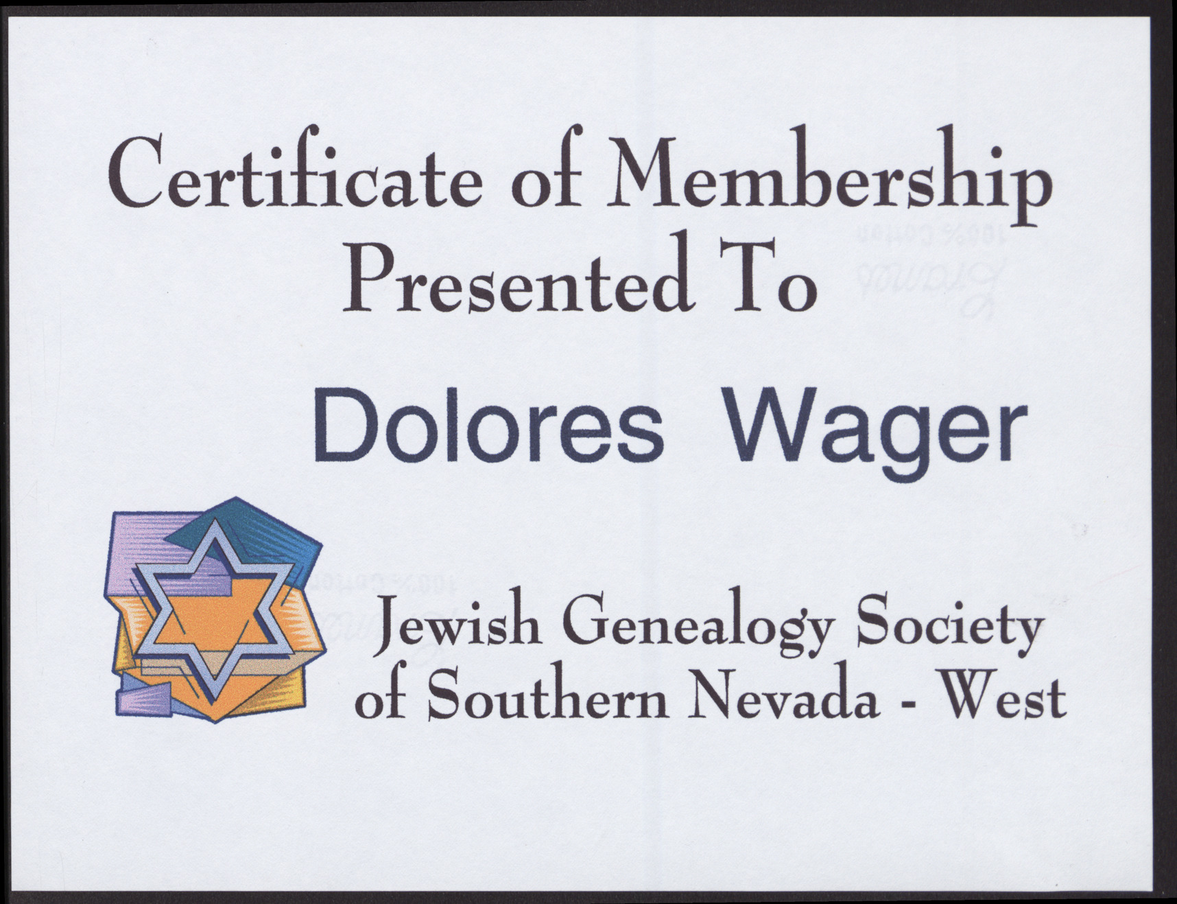 Certificate of membership for Dolores Wager from the Jewish Genealogy Society of Southern Nevada West, no date