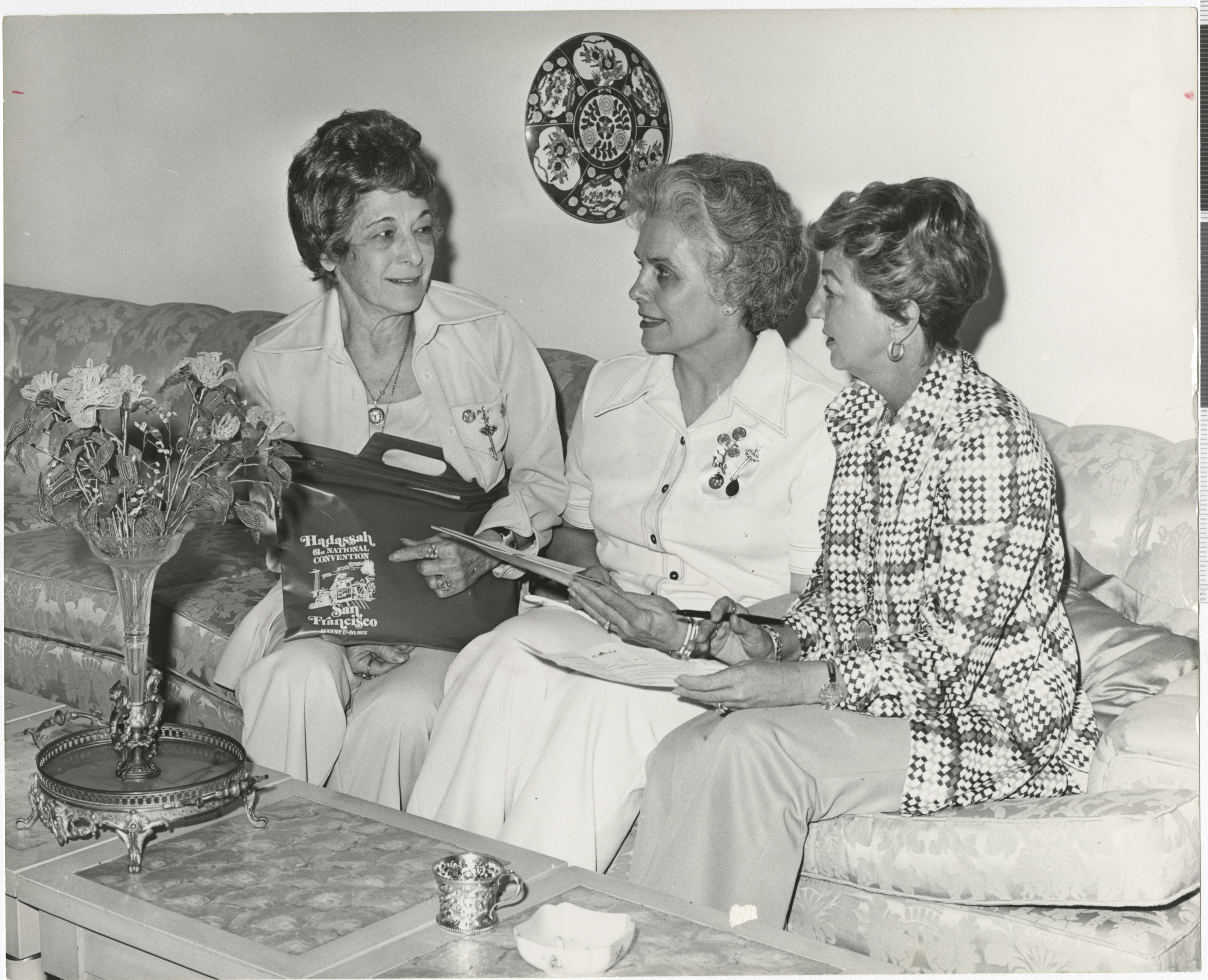 Black and white photo of three members of Hadassah, ca. 1975