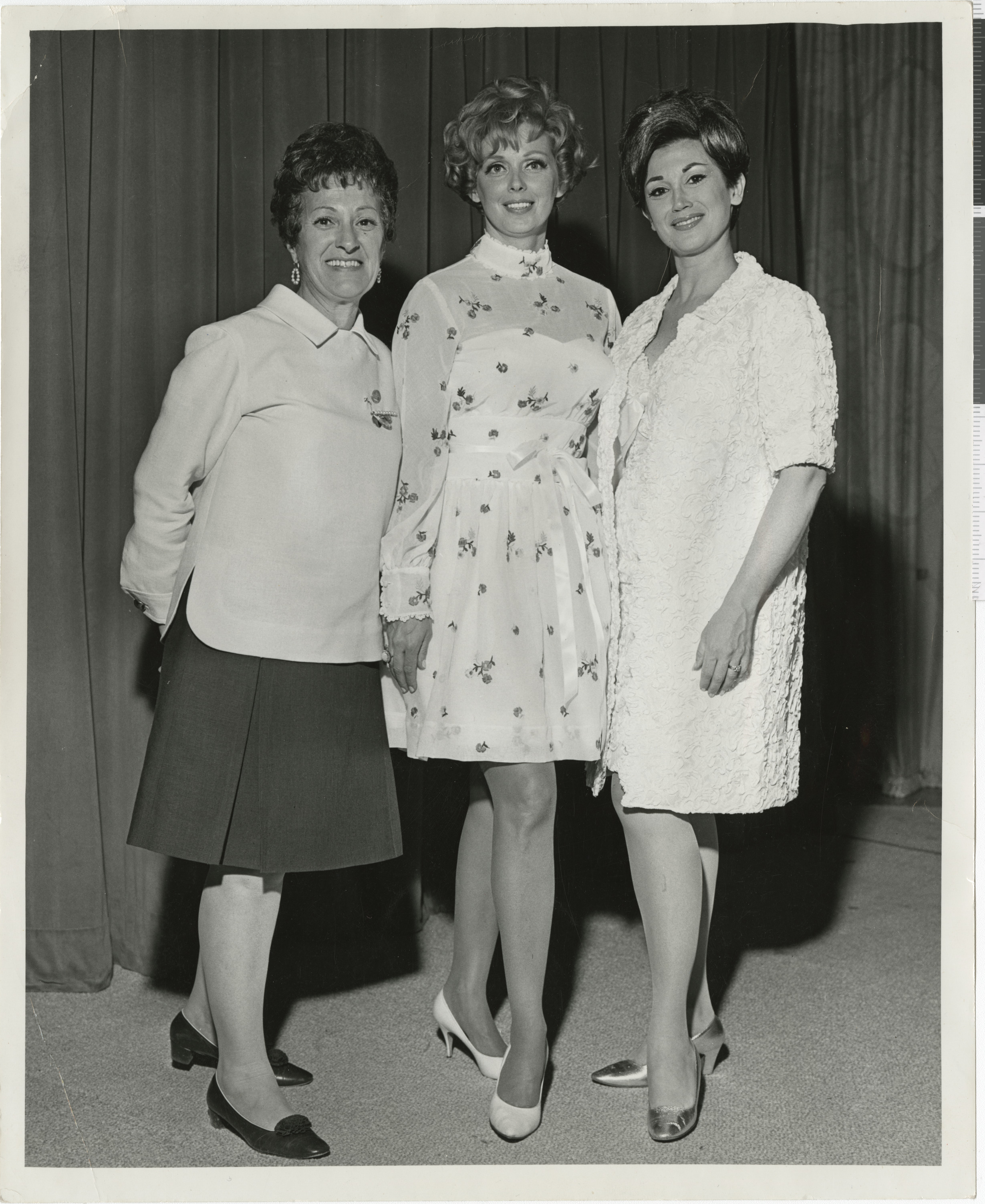 Black and white photo of Lillian Miller (President of Hadassah), Marlys Sperling (Co-ordinator), Roberta Lynn (Narrator), no date