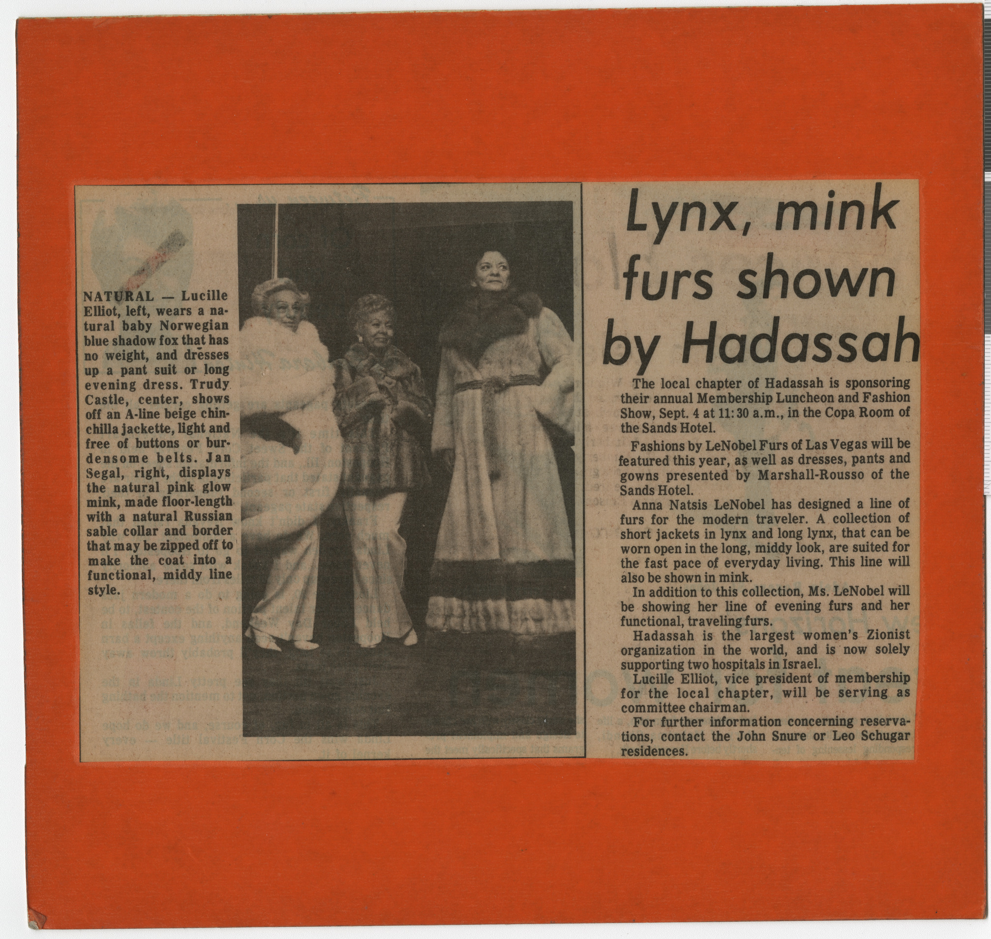 Newspaper clipping, Lynx, mink furs shown by Hadassah, publication and date unknown