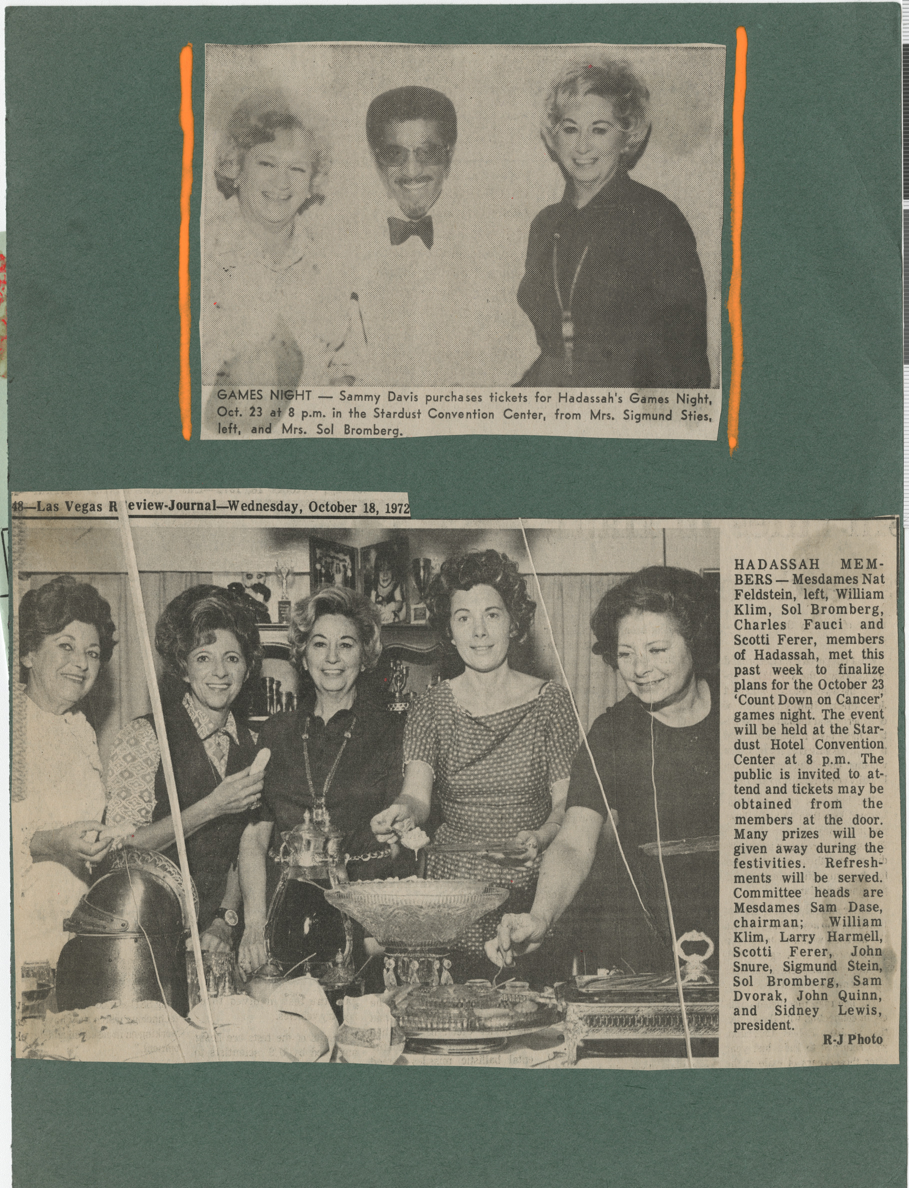 Newspaper clippings, Games night, photograph with Mrs. Sigmund Sties, Sammy Davis Jr., and Mrs. Sol Bromberg, and Hadassah members, Las Vegas Review-Journal, October 18, 1972