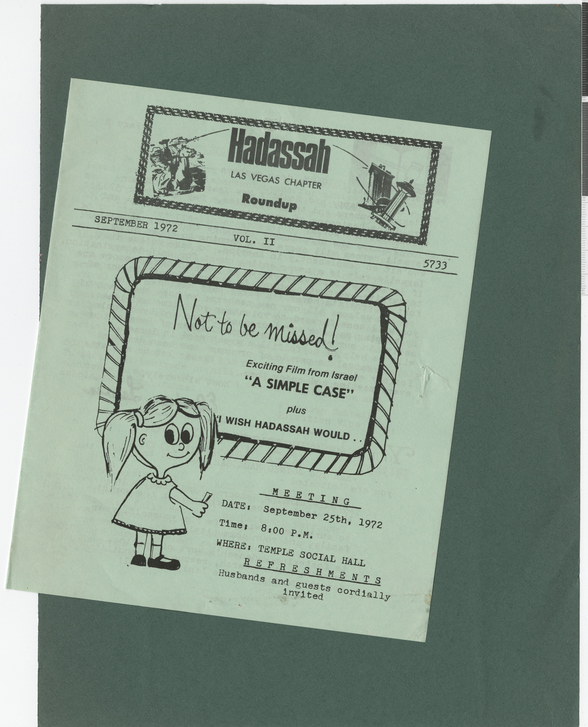 Newsletter, Hadassah Las Vegas Chapter, September 1972, cover