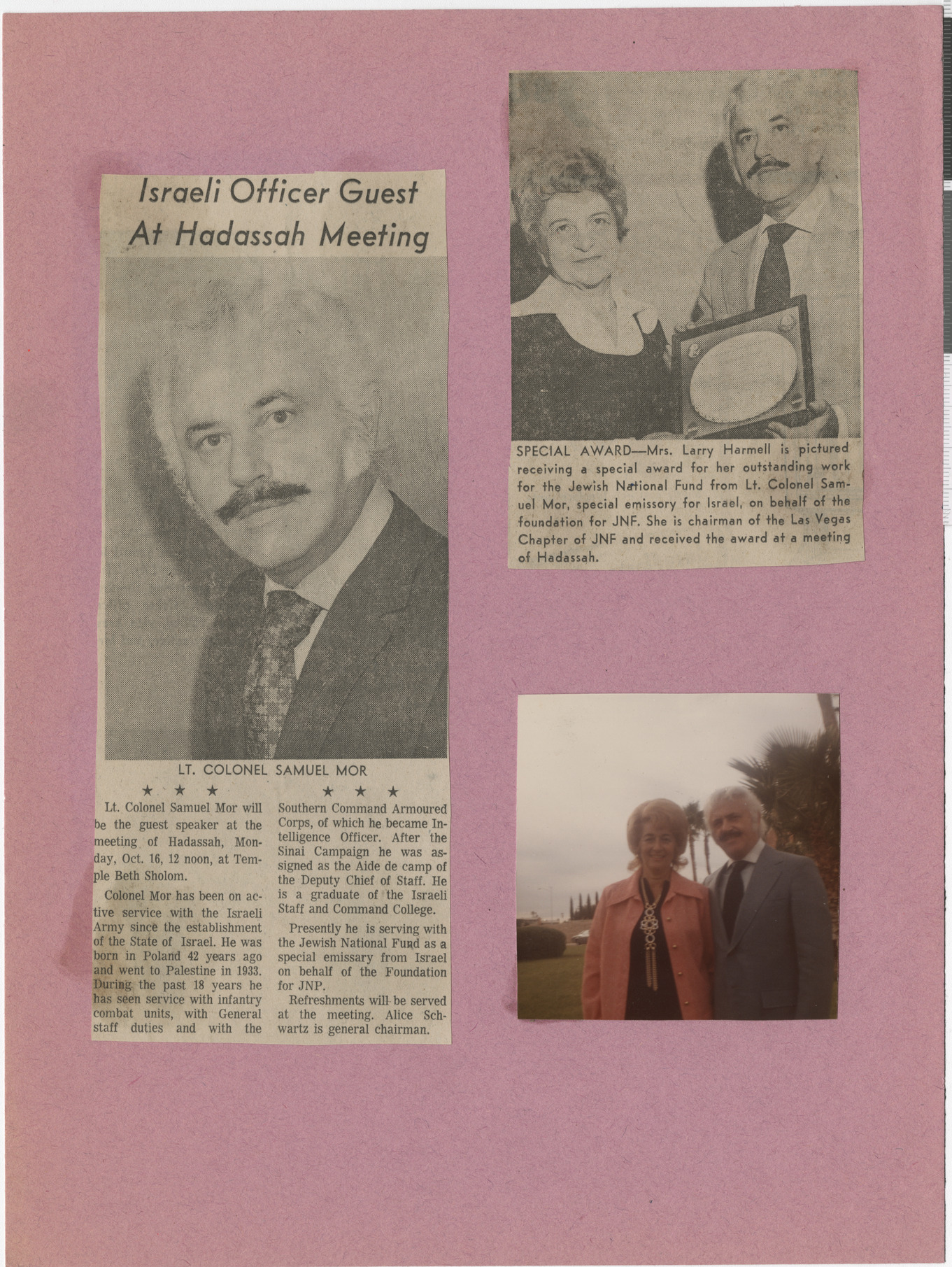 Newspaper clippings, Israeli Officer Guest at Hadassah Meeting, publication and date unknown, and Special Award, with Mrs. Larry Harmell and Lt. Colonel Samuel Mor, publication and date unknown