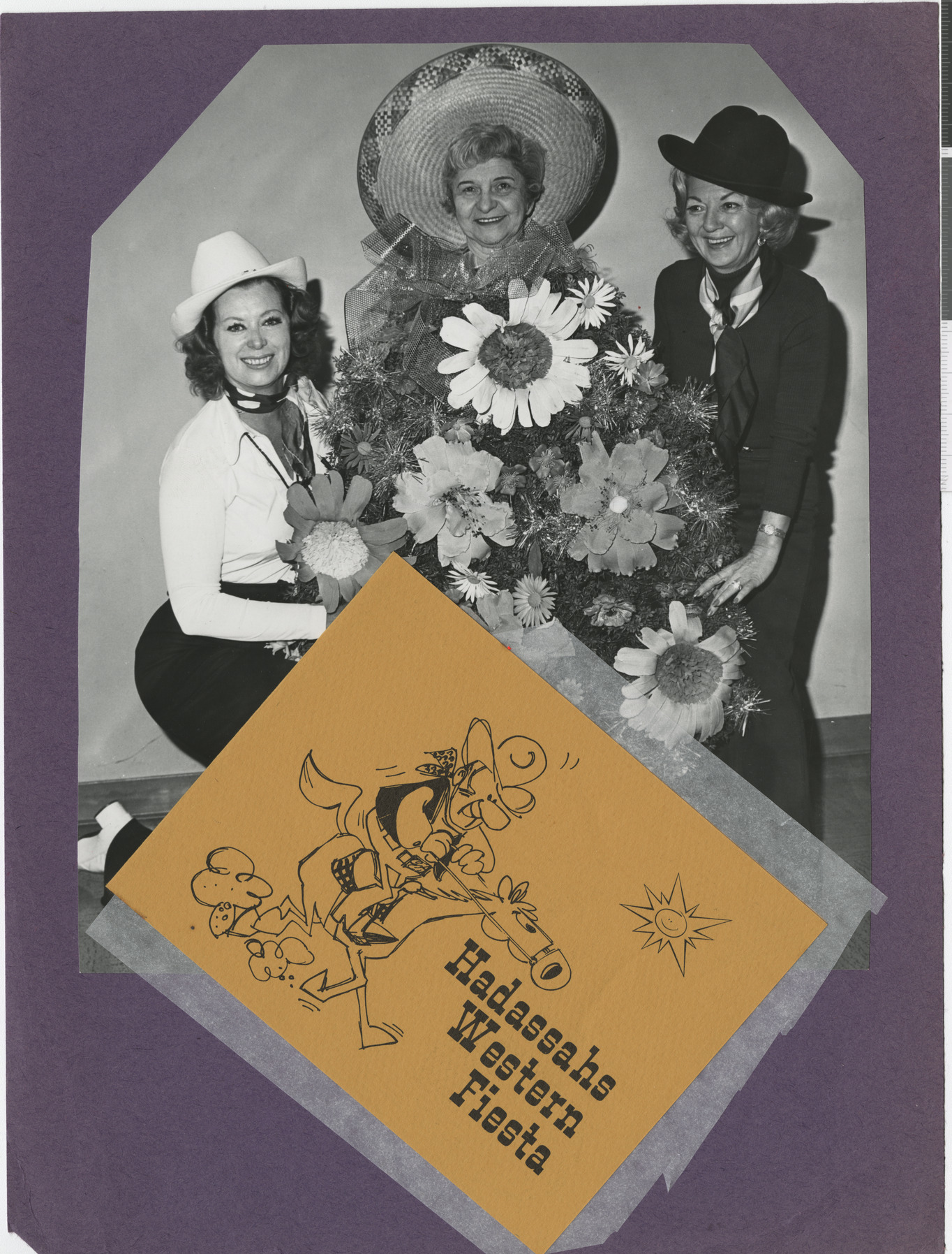 Photograph of members of Hadassah celebrating Western Fiesta, and cover of invitation to Hadassah's Western Fiesta