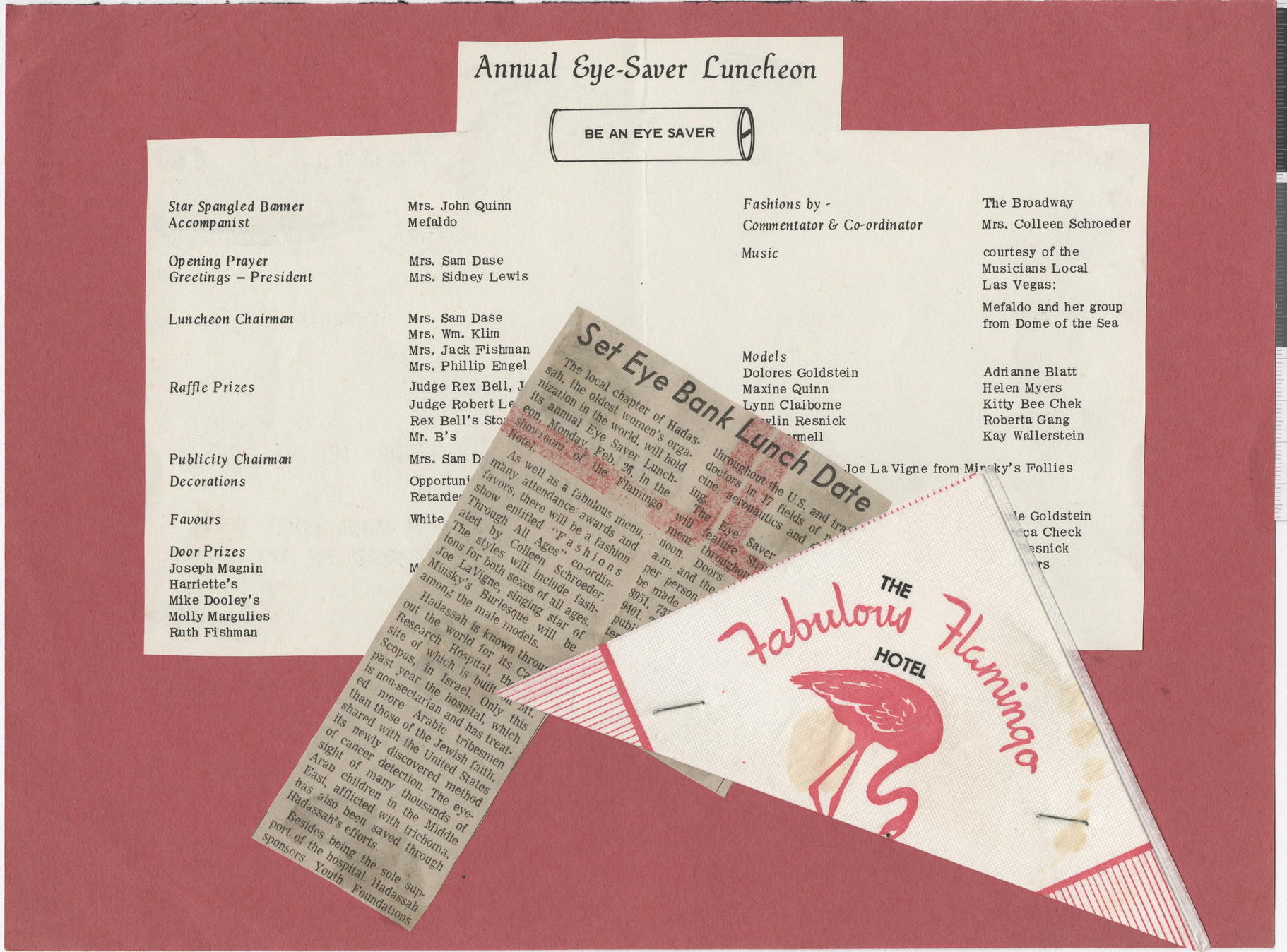 Program for Annual Eye-Saver Luncheon, date unknown, an newspaper clipping, Set Eye Bank Lunch Date, publication and date unknown, and napkin from the Flamingo Hotel