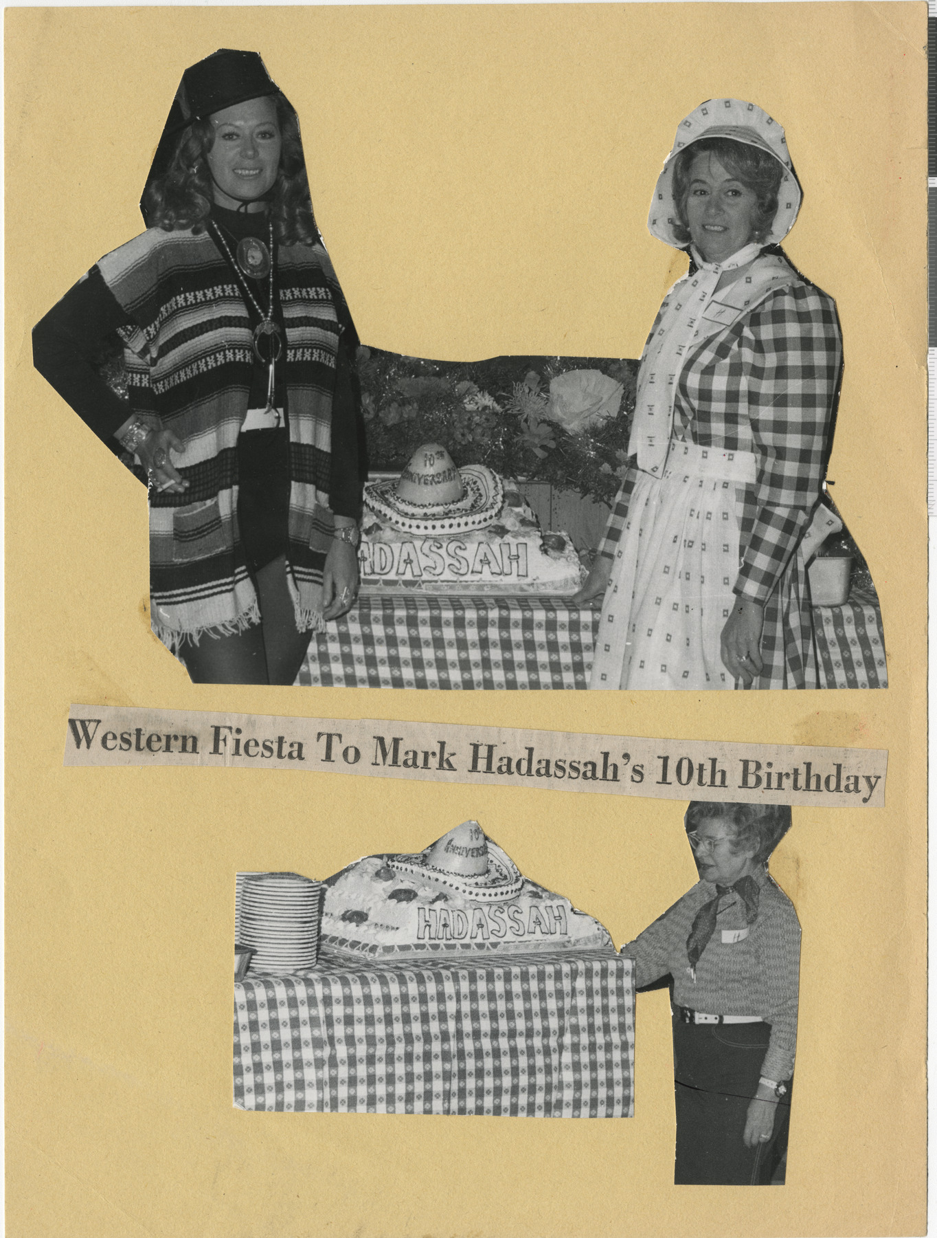 Photographs of Hadassah members at annual birthday party with cake, and newspaper clipping, Western Fiesta to Mark Hadassah's 10th Birthday, publication and date unknown