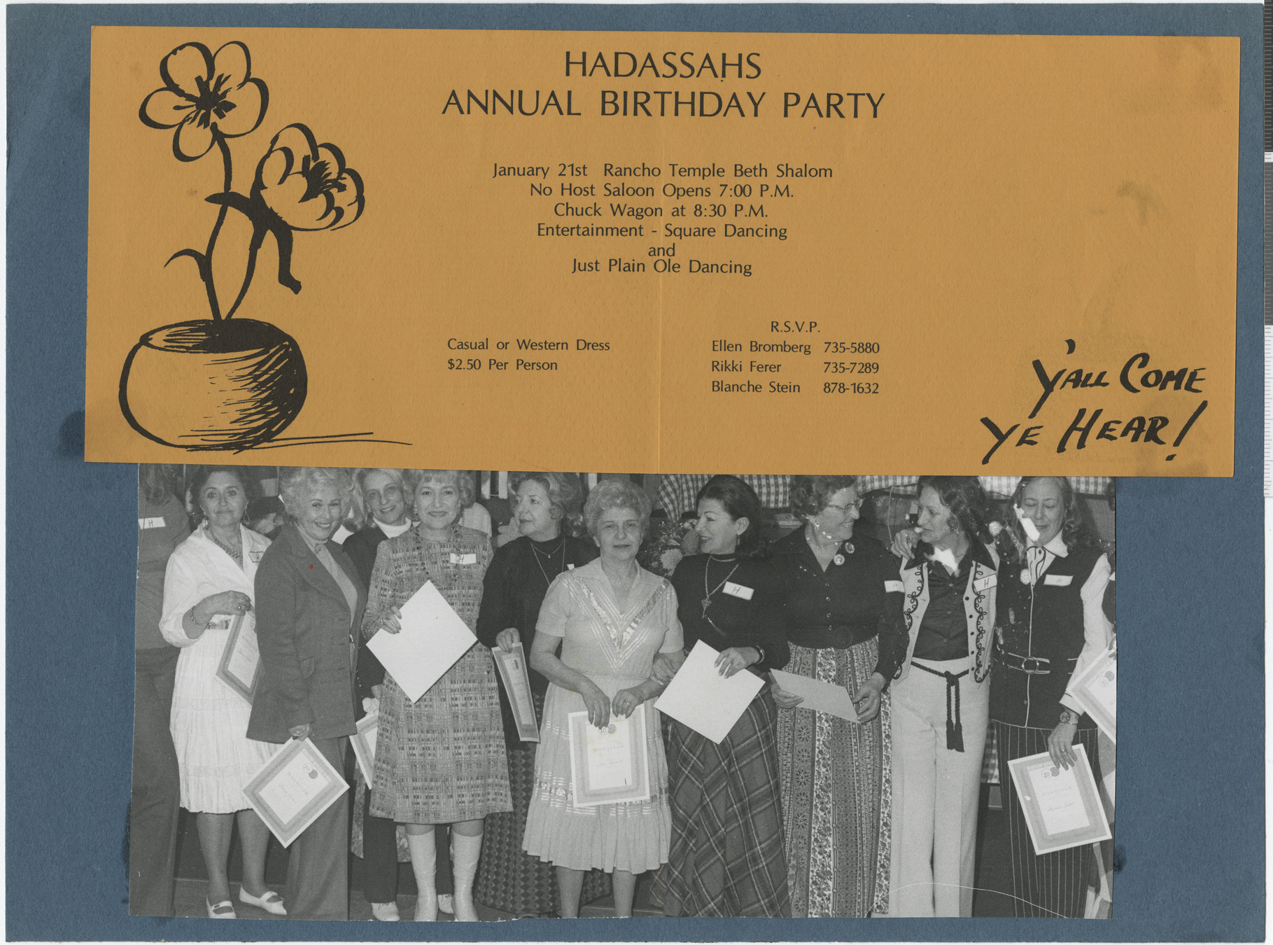 Invitation to Hadassah's Annual Birthday Party, 1974, and Photograph of a group of Hadassah members