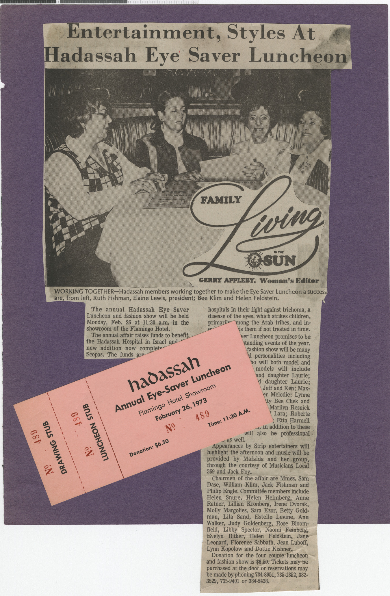 Newspaper clipping, Entertainment, Styles at Hadassah Eye Saver Luncheon, Las Vegas Sun, date unknown, and ticket to Hadassah Annual Eye Saver Luncheon, February 26, 1973