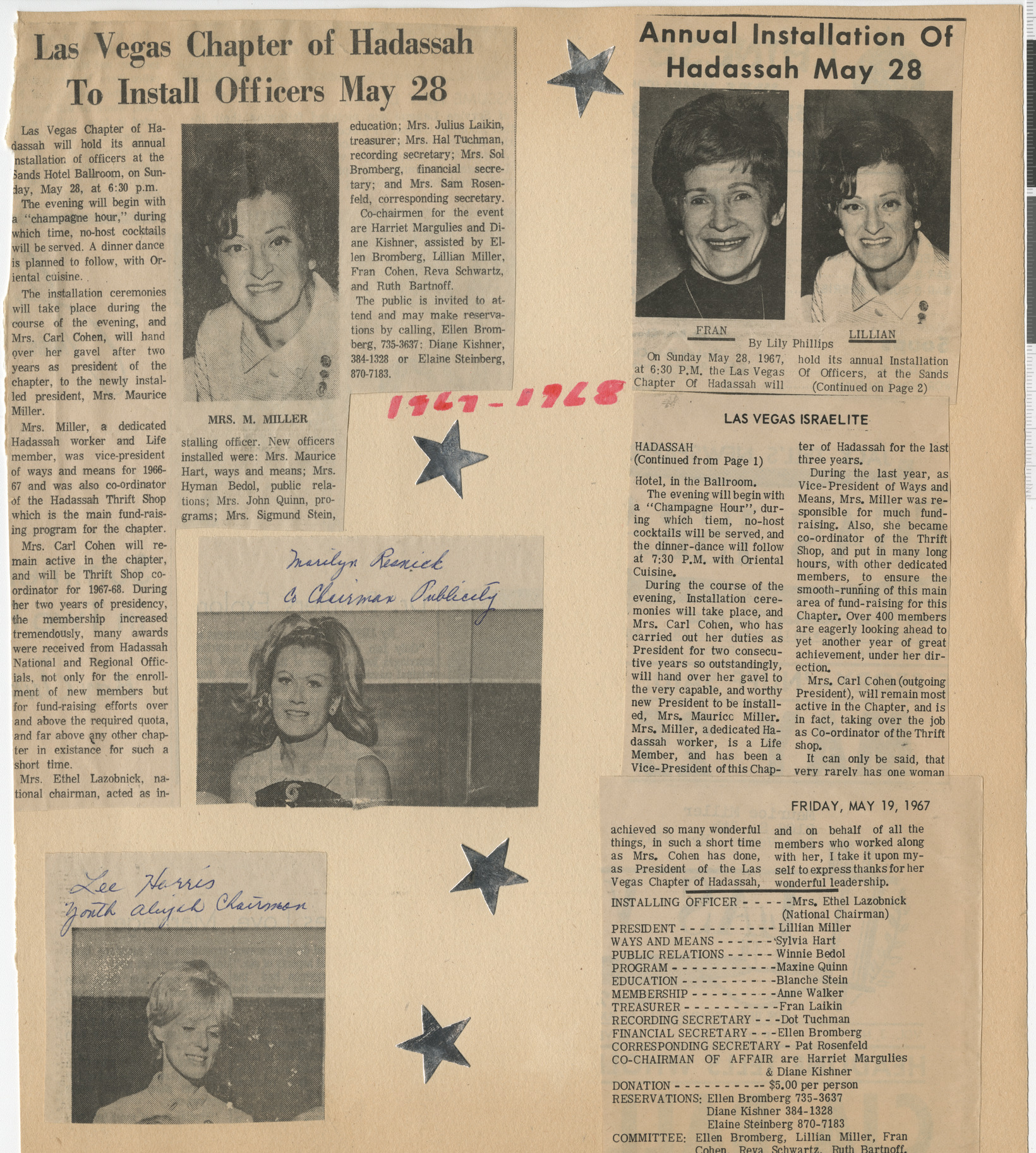 Newspaper clippings about installation of Hadassah Officers, May 1967