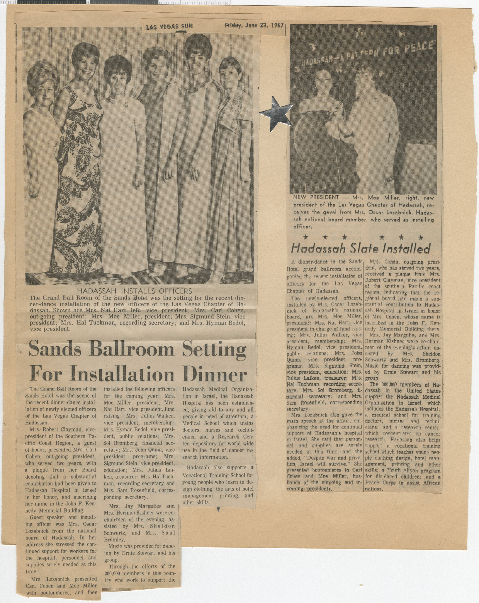 Newspaper clippings, Sands Ballroom Setting for Installation Dinner, Las Vegas Sun, June 23, 1967, and Hadassah Slate Installed, publication and date unknown