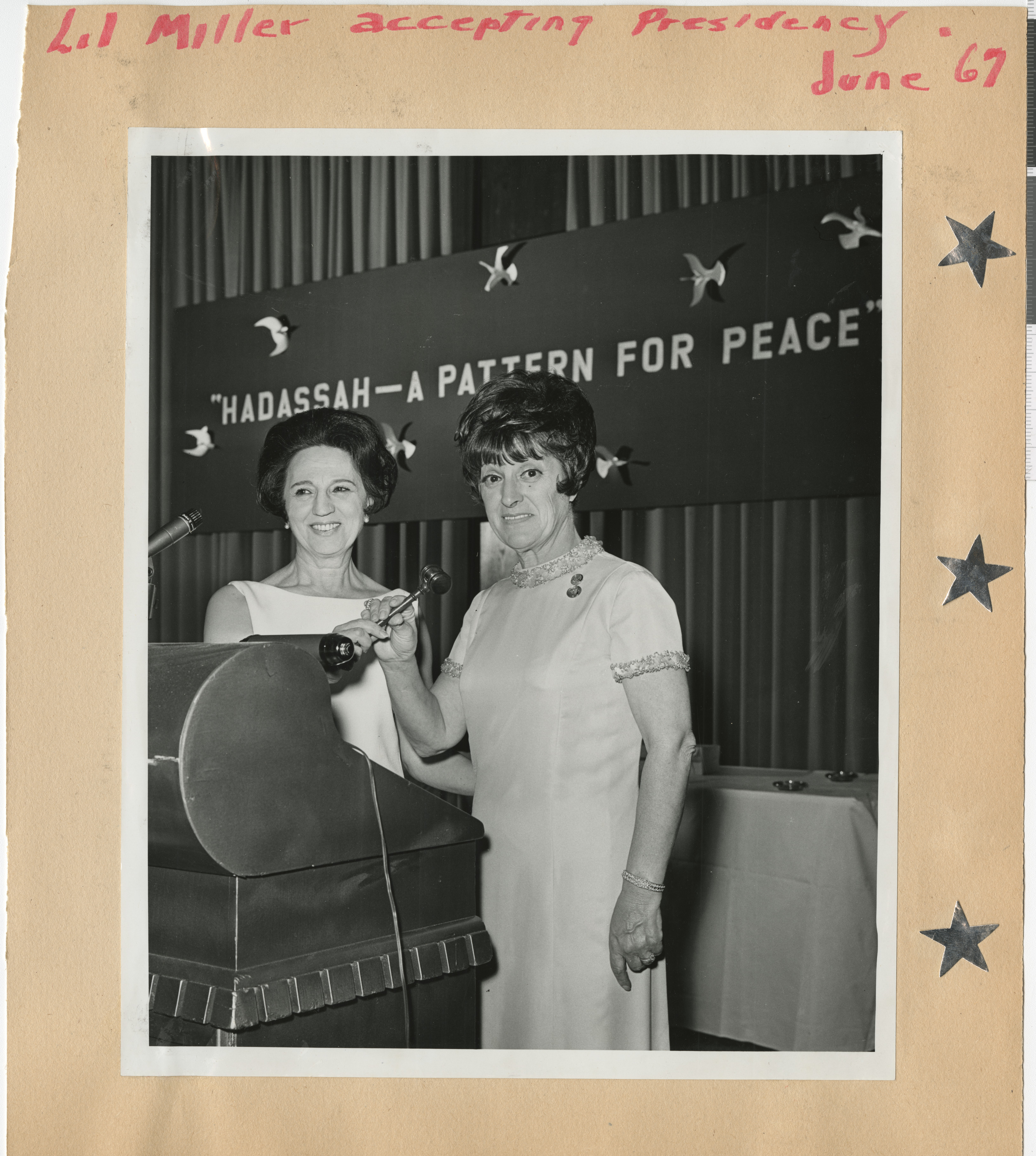 Photograph of Lillian Miller accepting presidency of Hadassah, June 1967