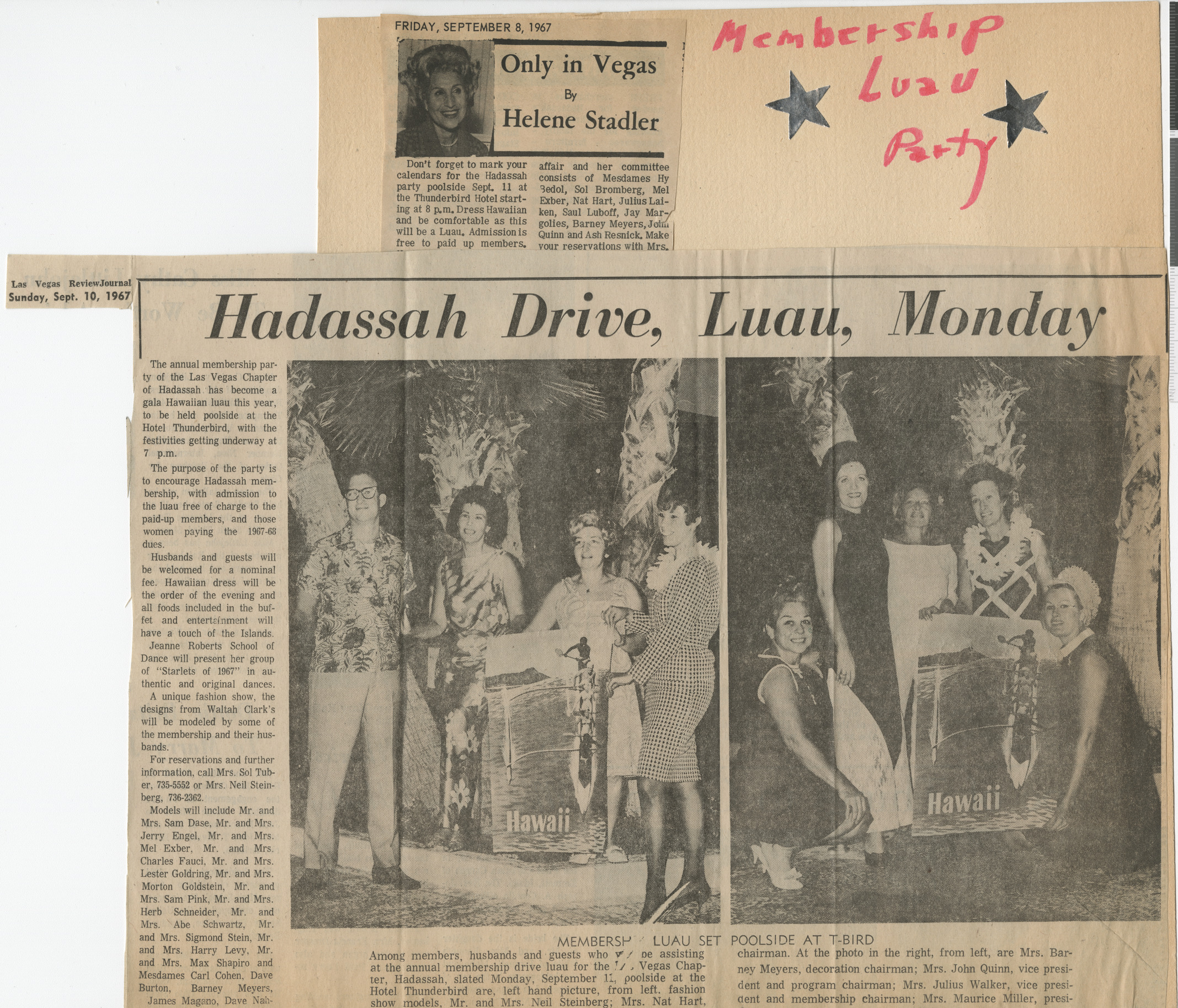 Newspaper clippings, Only in Vegas by Helene Stadler, Las Vegas Israelite, September 8, 1967, and Hadassah Drive, Luau, Monday, Las Vegas Review-Journal, September 10, 1967