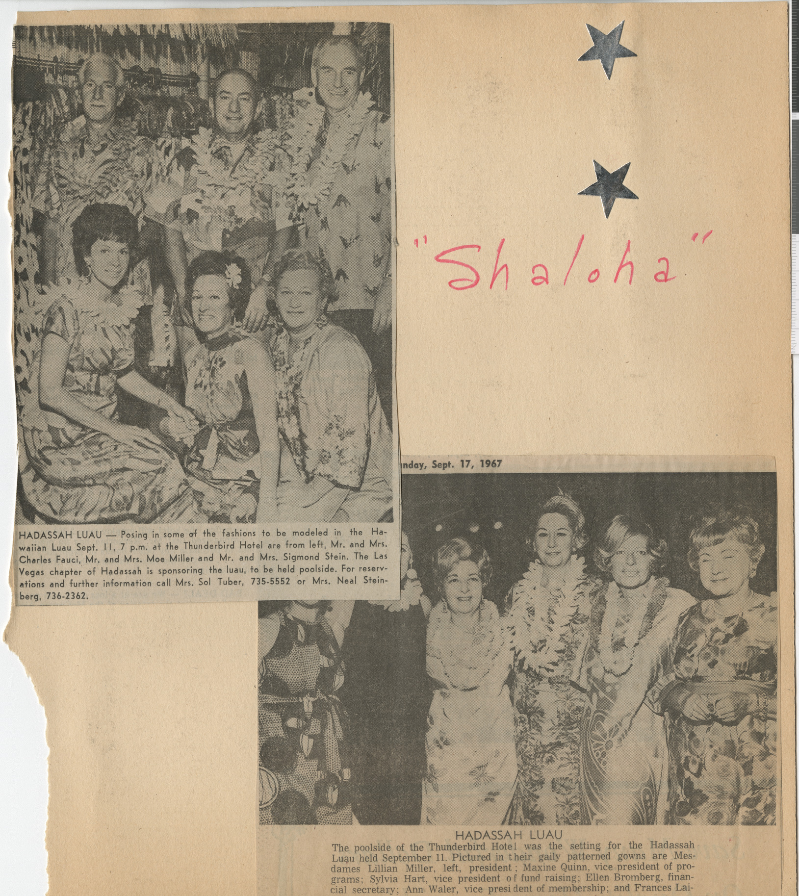 Newspaper clippings, Hadassah Luau, publication and date unknown, and Hadassah Luau, publication unknown, September 17, 1967