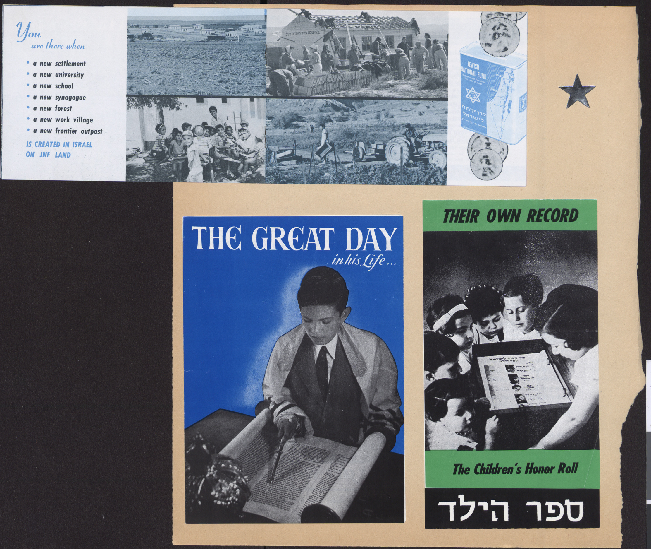 Pamphlets, The Box That Built a Nation, Jewish National Fund, pages 7-8, and The Great Day in his Life (cover), and Their Own Record, the Children's Honor Roll