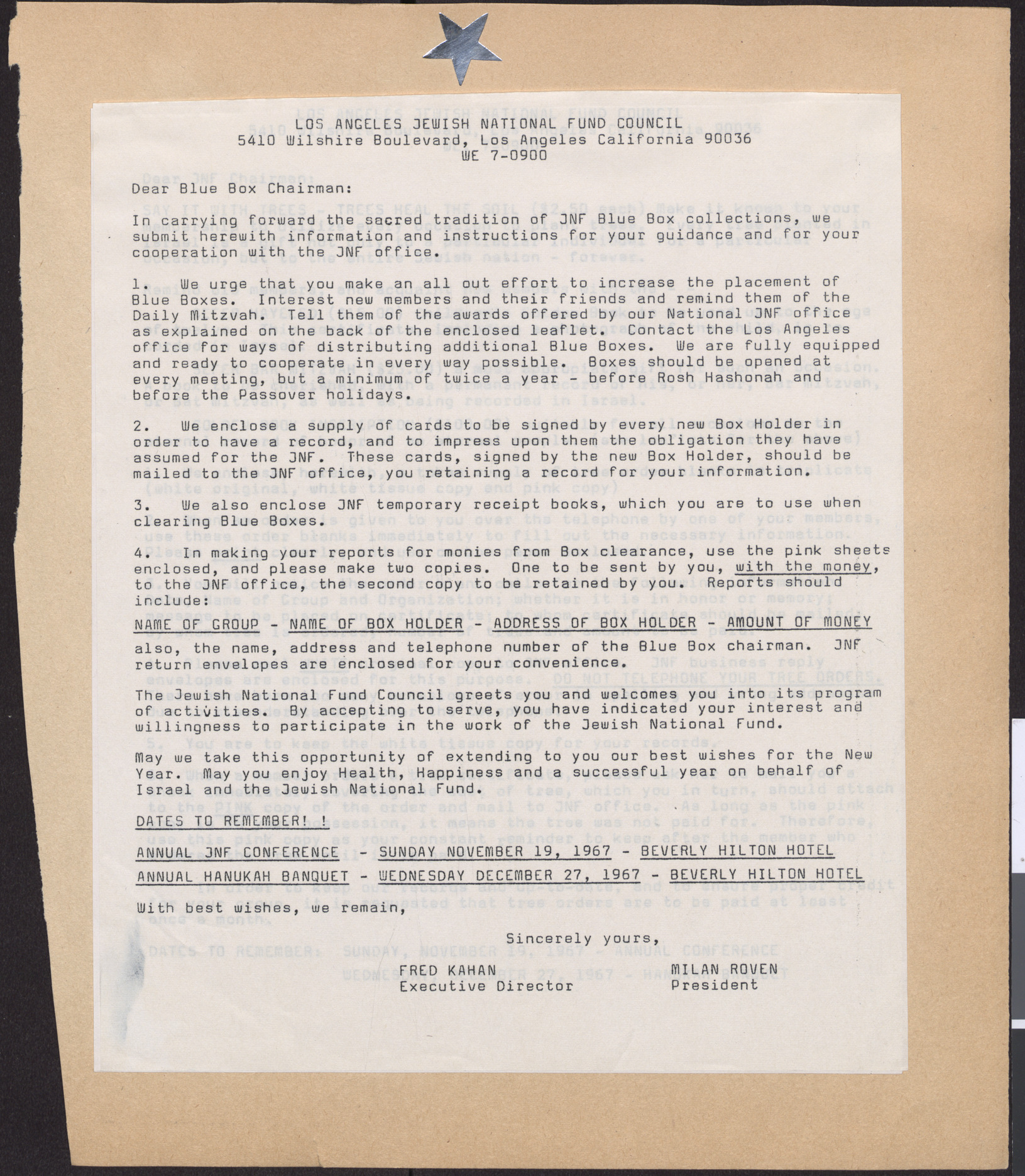 Letter from Fred Kahan and Milan Roven to Blue Box Chairman, Los Angeles Jewish National Fund, 1967, page 1