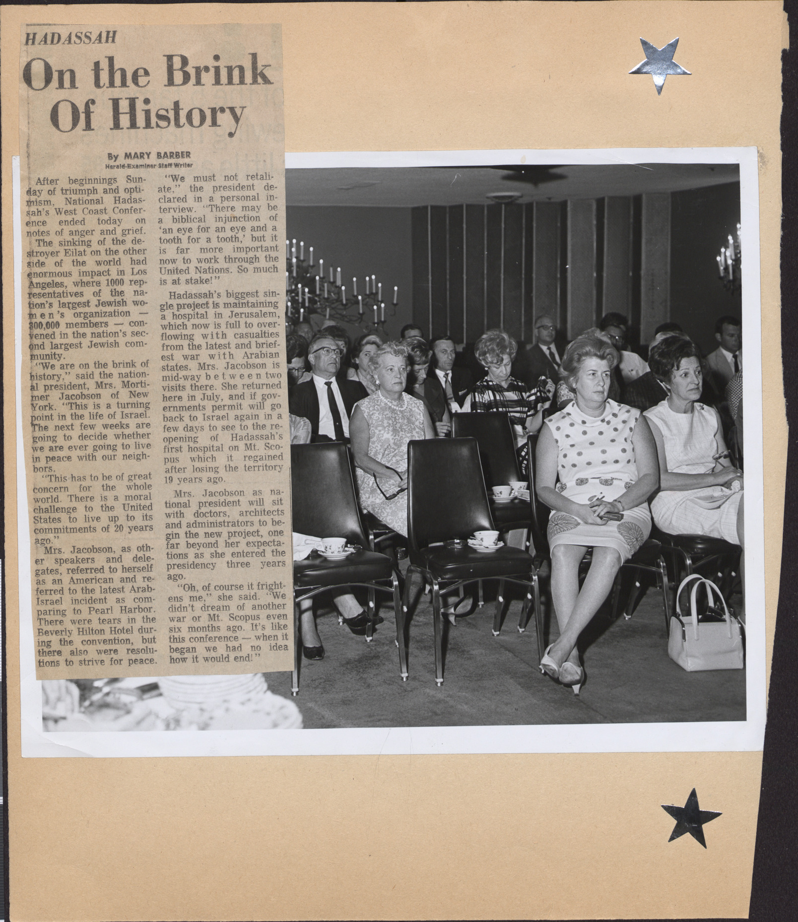 Newspaper clipping, Hadassah: On the Brink of History, Herald Examiner, date unknown