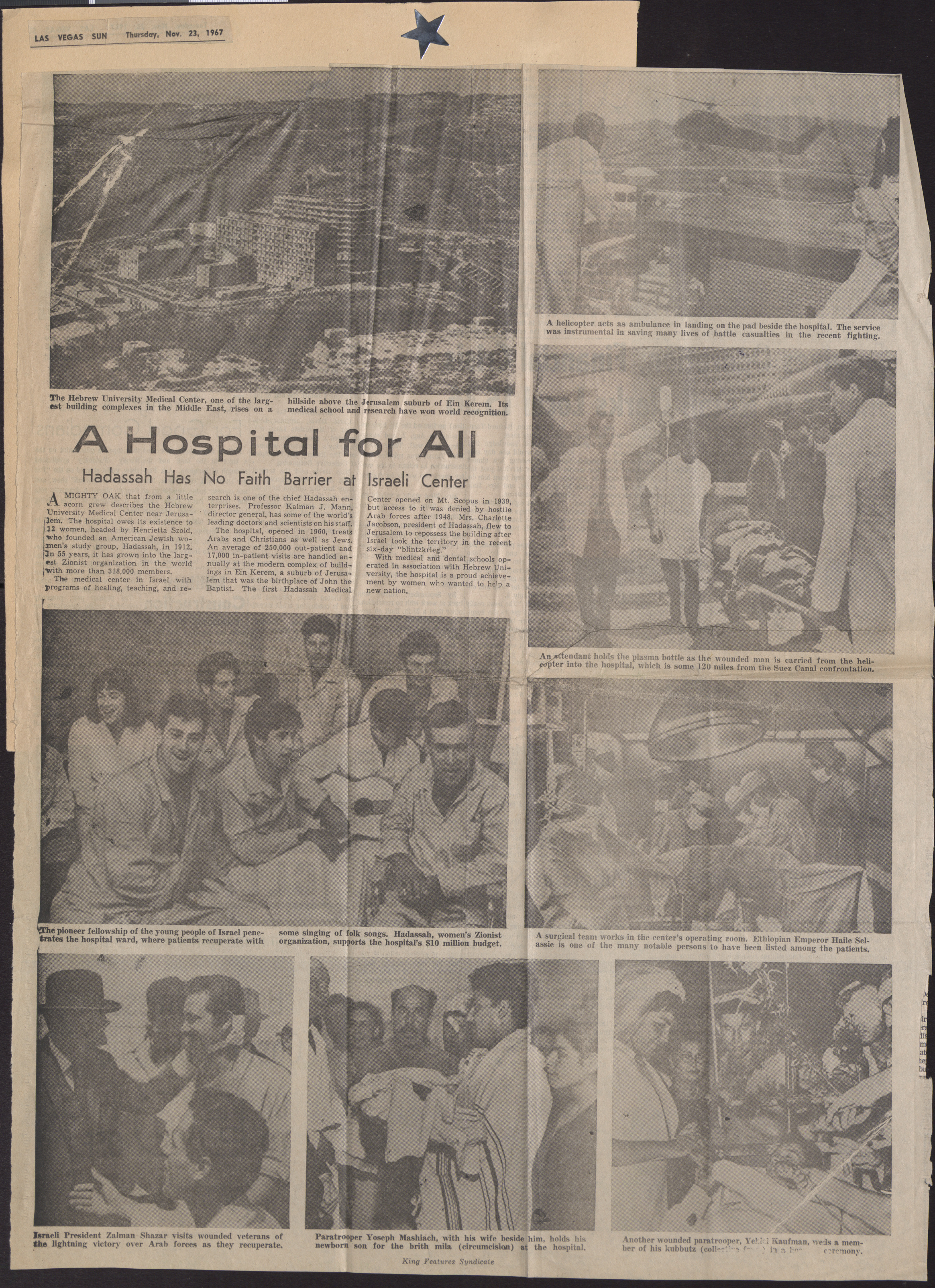 Newspaper clipping, A Hospital for All: Hadassah has no faith barrier at Israeli Center, Las Vegas Sun, November 23, 1967