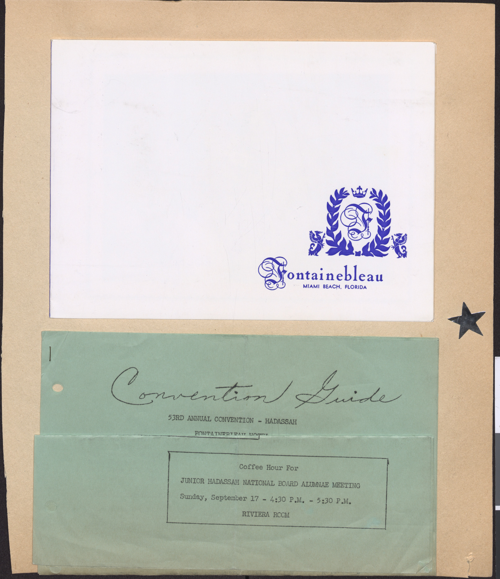Cover of photograph booklet from Fontainebleau, Miami Beach, and Guide to the Hadassah Annual Convention (folded)