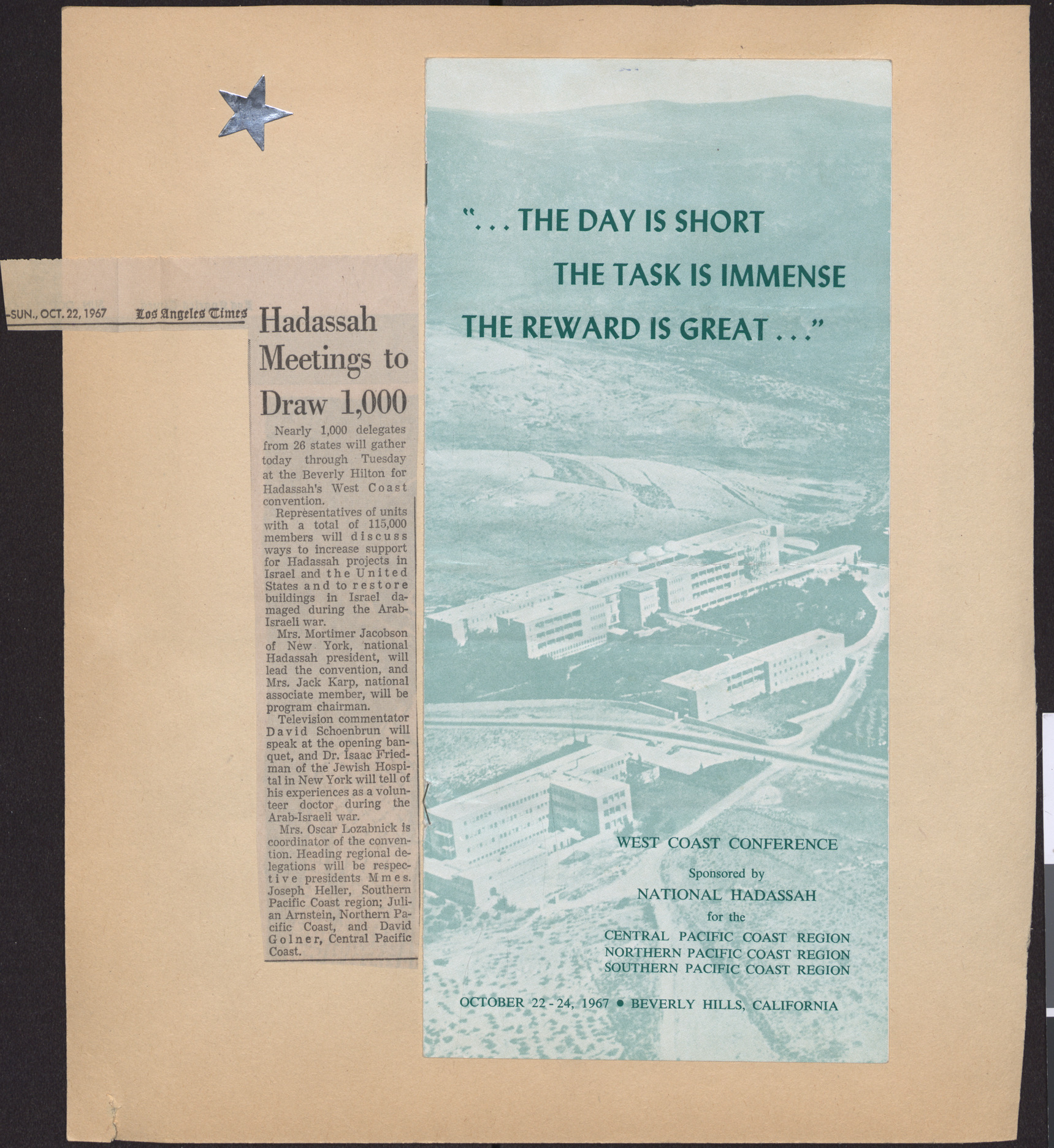 Newspaper clipping, Hadassah meetings to draw 1,000, Los Angeles Times, October 22, 1967, and Cover of conference program for the Hadassah West Coast Conference, October 22-24, 1967