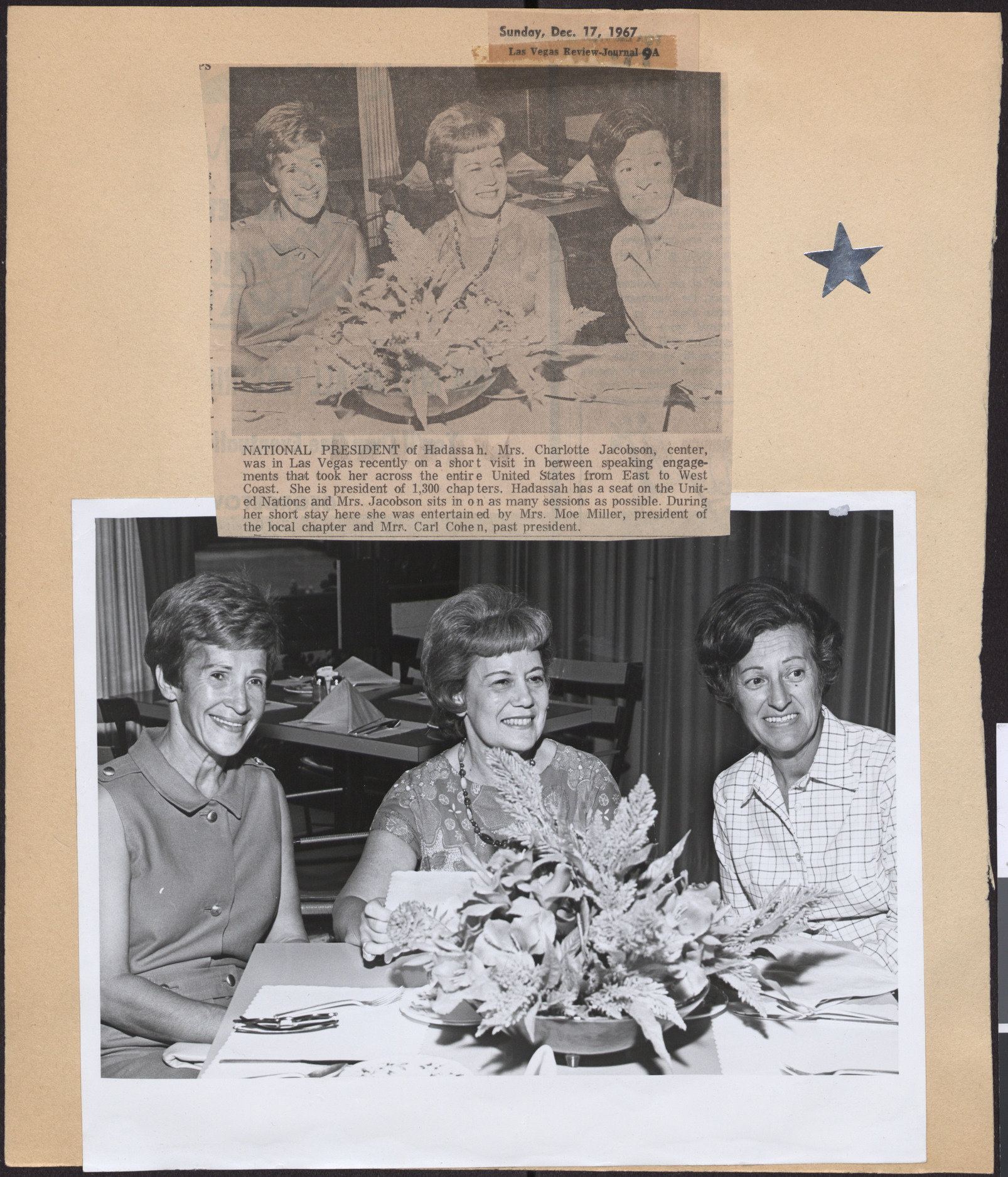 Newspaper clipping, National President [of Hadassah] with Fran Cohen and Lillian Miller, Las Vegas Review-Journal, December 17, 1967, and Photograph of Fran Cohen, Charlotte Jacobsen and Lillian Miller