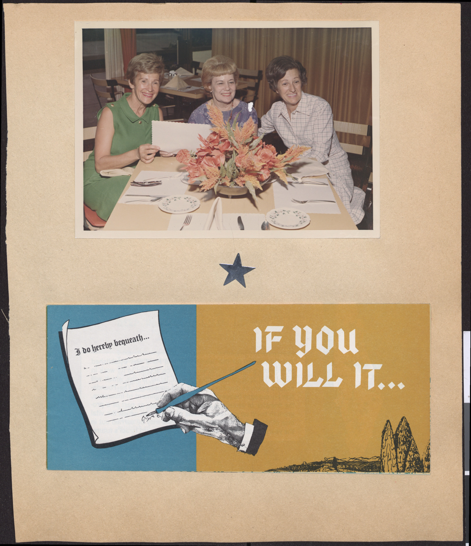 Photograph of Fran Cohen, Charlotte Jacobsen and Lillian Miller, and Cover of pamplet, If You Will It...