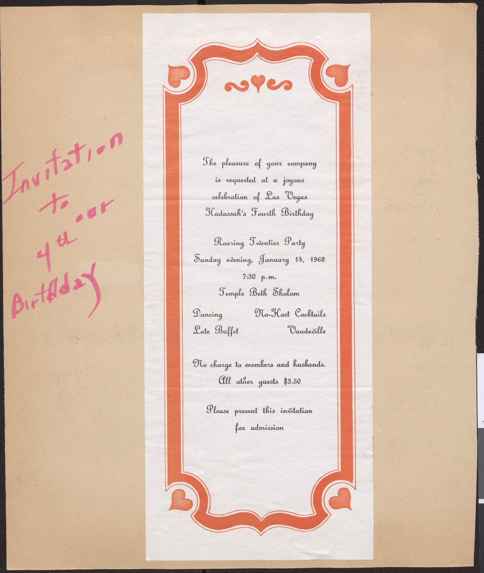 Invitation to Hadassah's Fourth Birthday Party, January 14, 1968