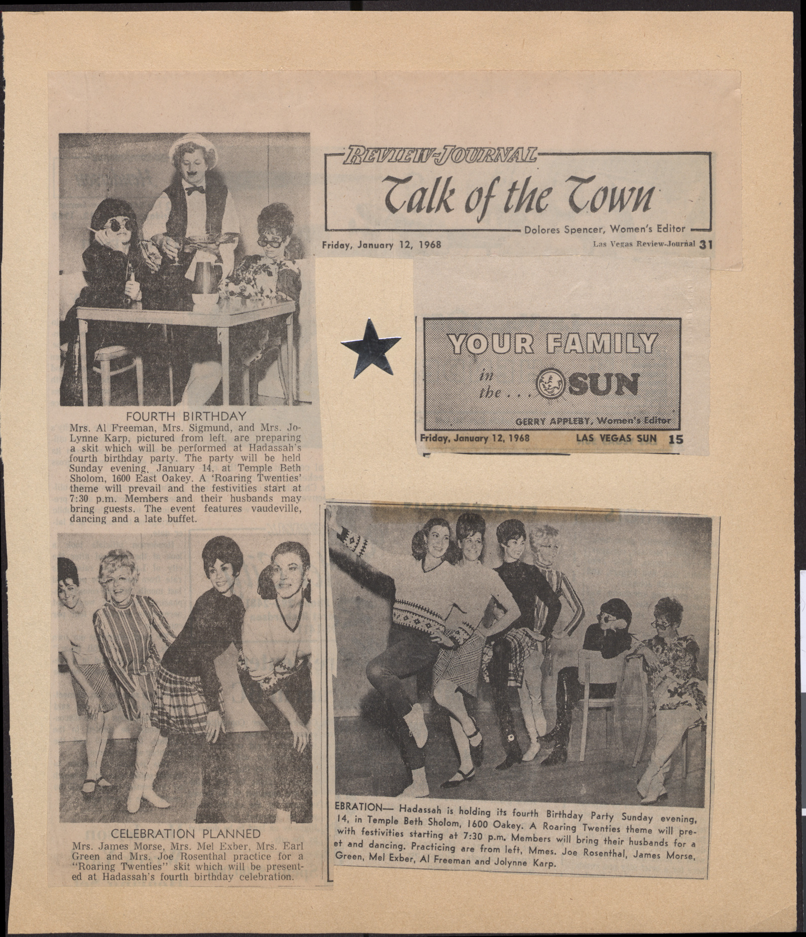 Newspaper clippings, Talk of the Town, Las Vegas Review-Journal, January 12, 1968, and Your Family In the Sun, Las Vegas Sun, January 12, 1968