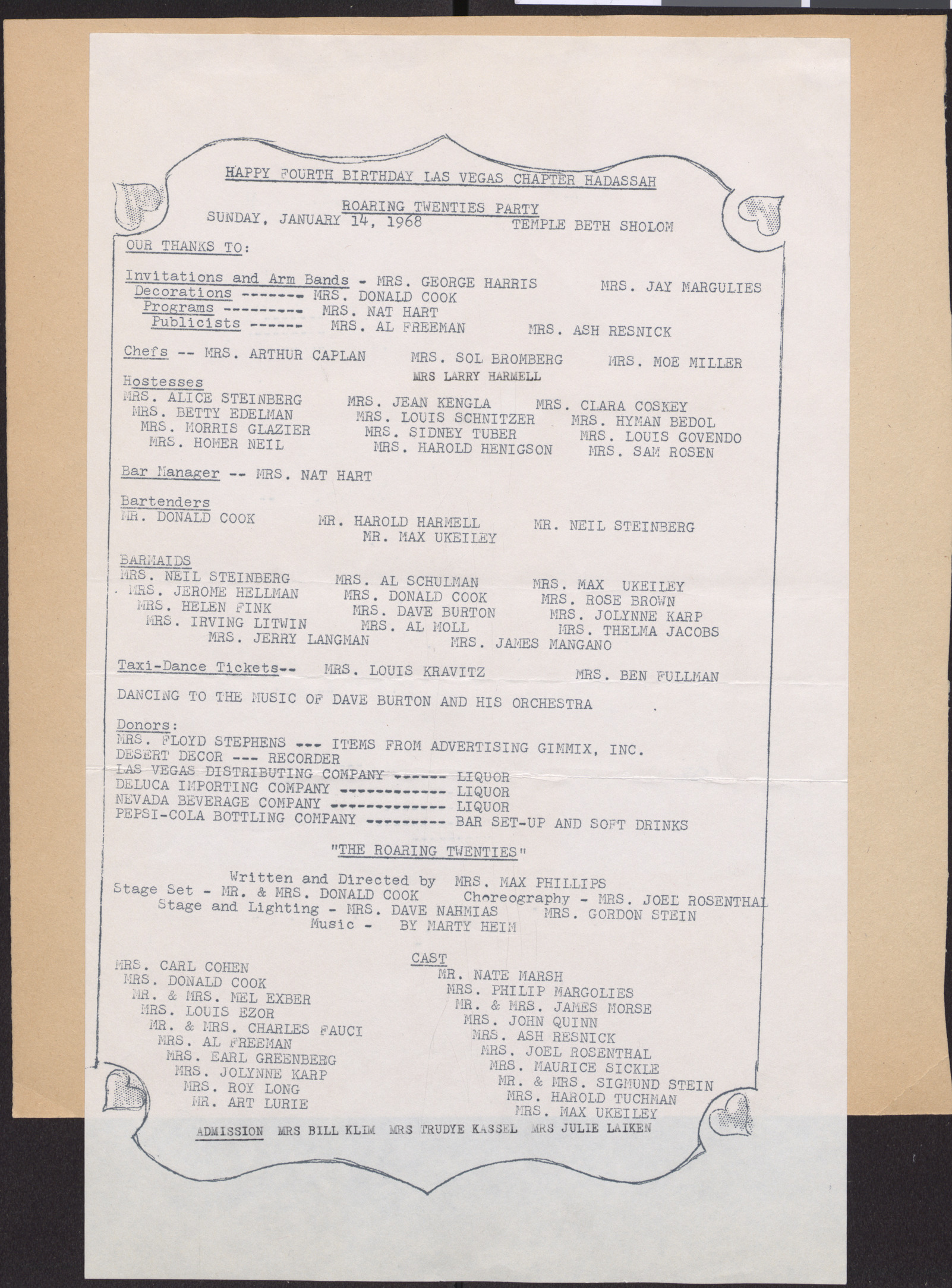 Program, Hadassah's Fourth Birthday Party, January 14, 1968