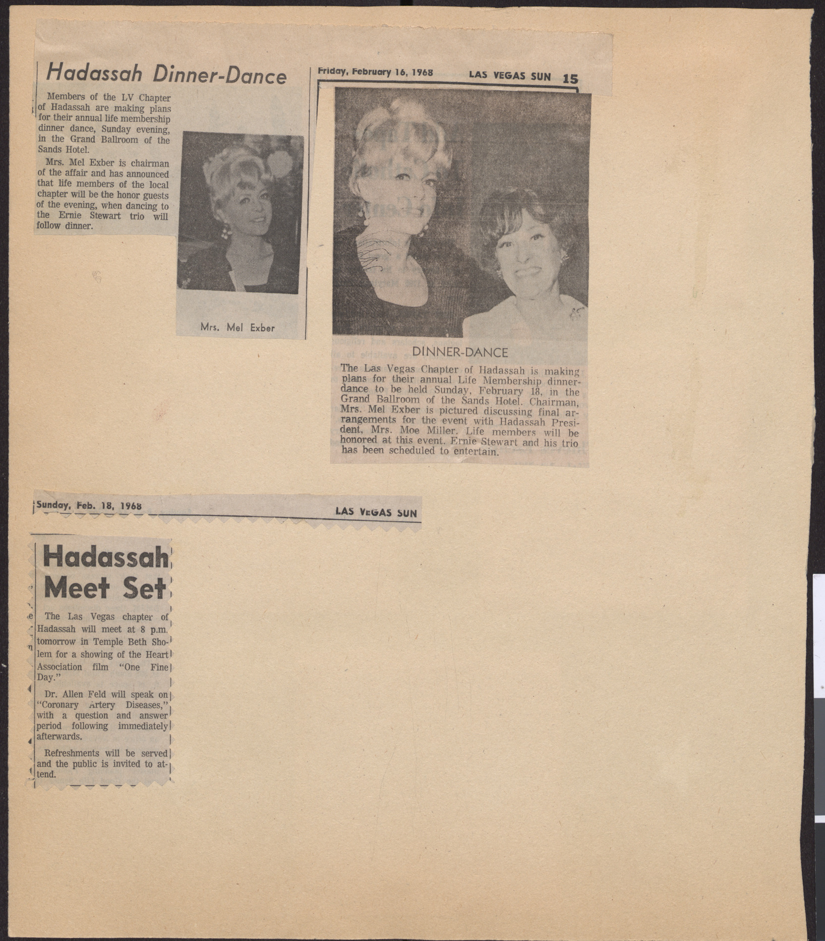 Newspaper clippings, Hadassah Dinner-Dance, Las Vegas Sun, February 16, 1968, and  Hadassah Meet Set, Las Vegas Sun, February 18, 1968