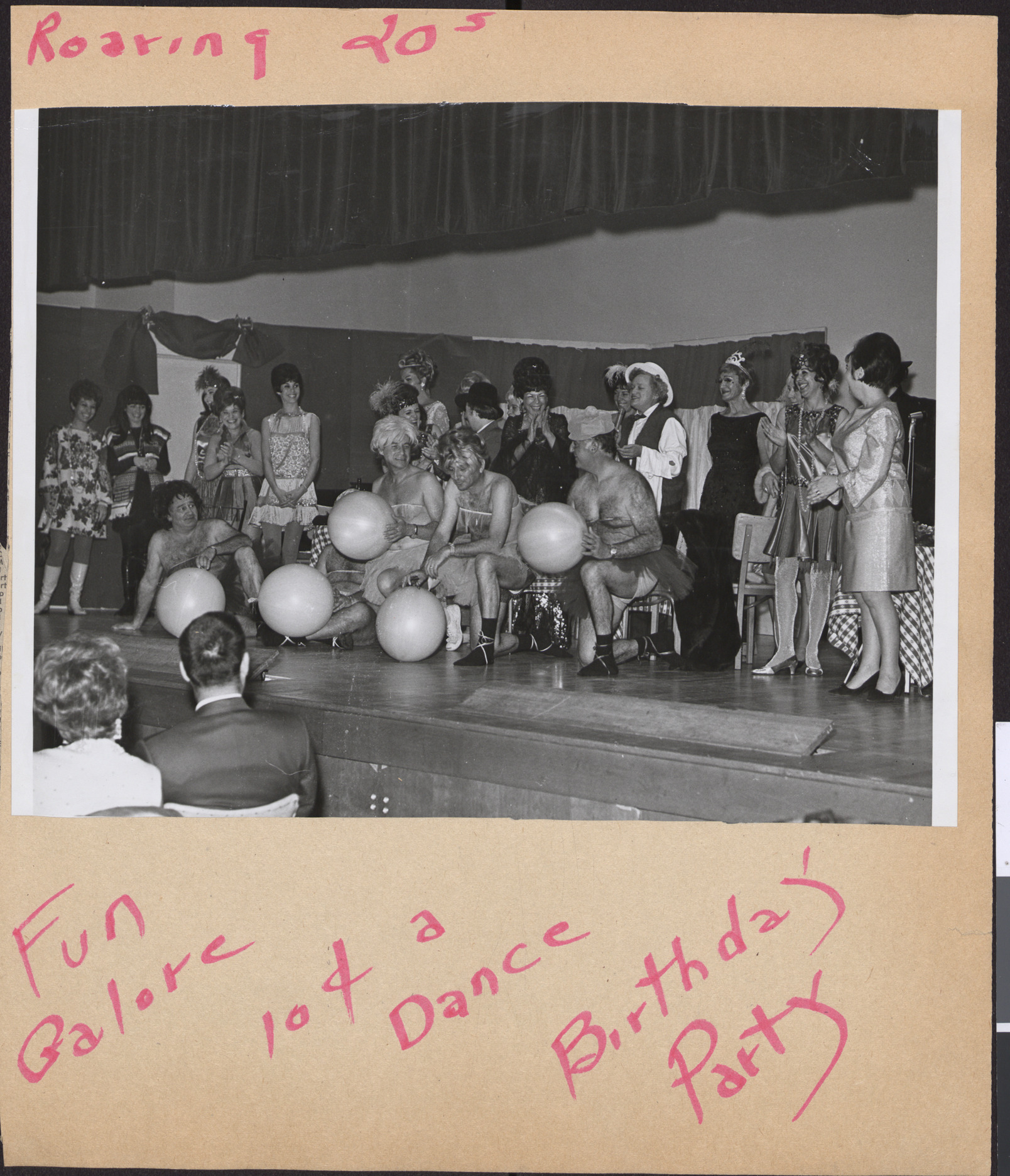 Roaring 20s, Fun Galore, 10 cents a dance, Birthday Party, photograph of performers on stage, January 14, 1968