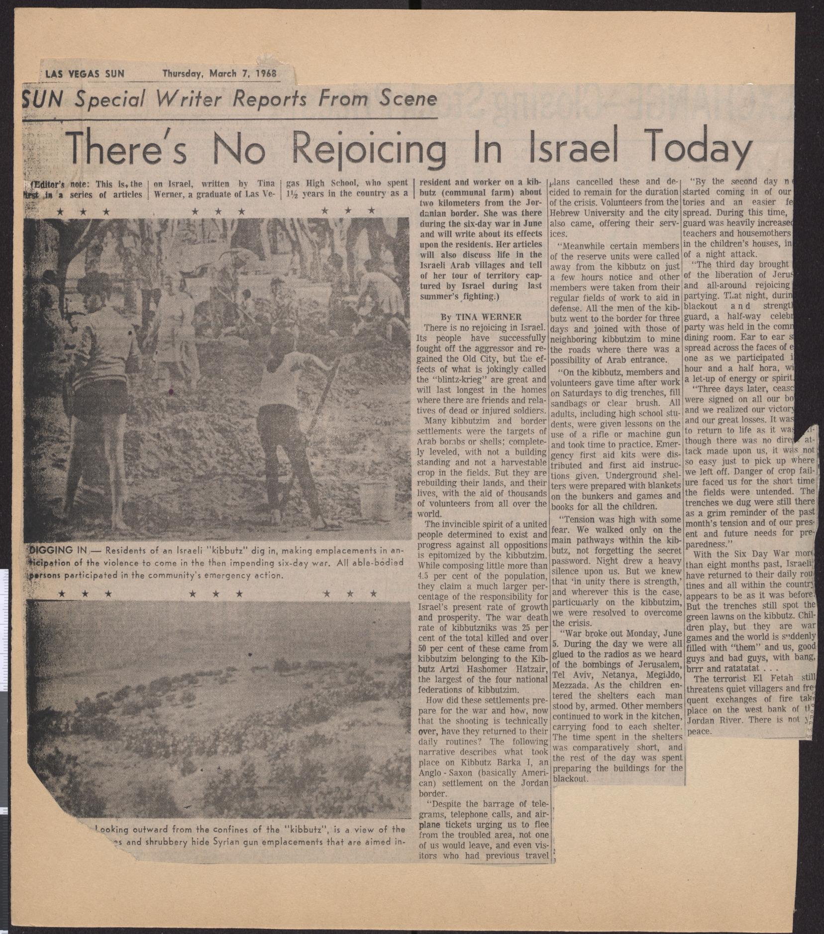Newspaper clipping, There's No Rejoicing in Israel Today, Las Vegas Sun, March 7, 1968