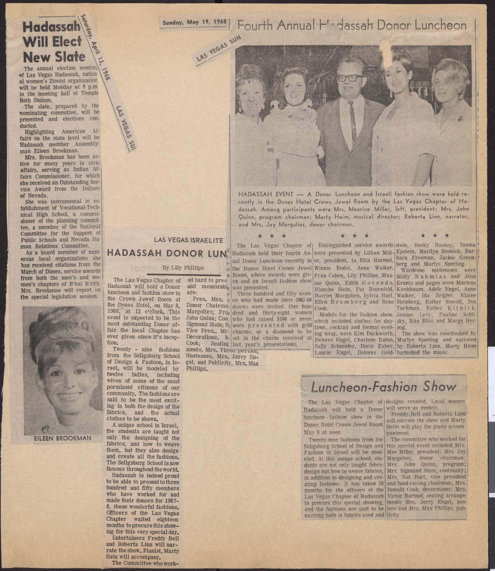 Newspaper clippings about Hadassah elections and donor luncheon and fashion show, 1968