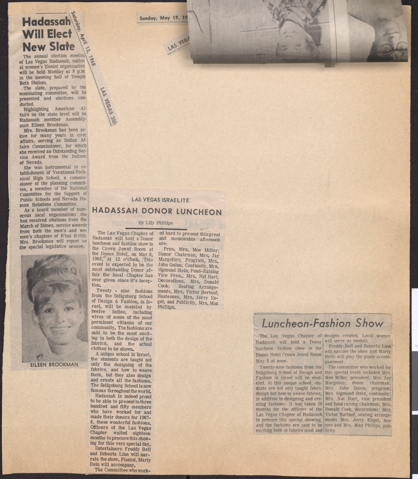 Newspaper clippings about Hadassah elections and donor luncheon and fashion show, 1968