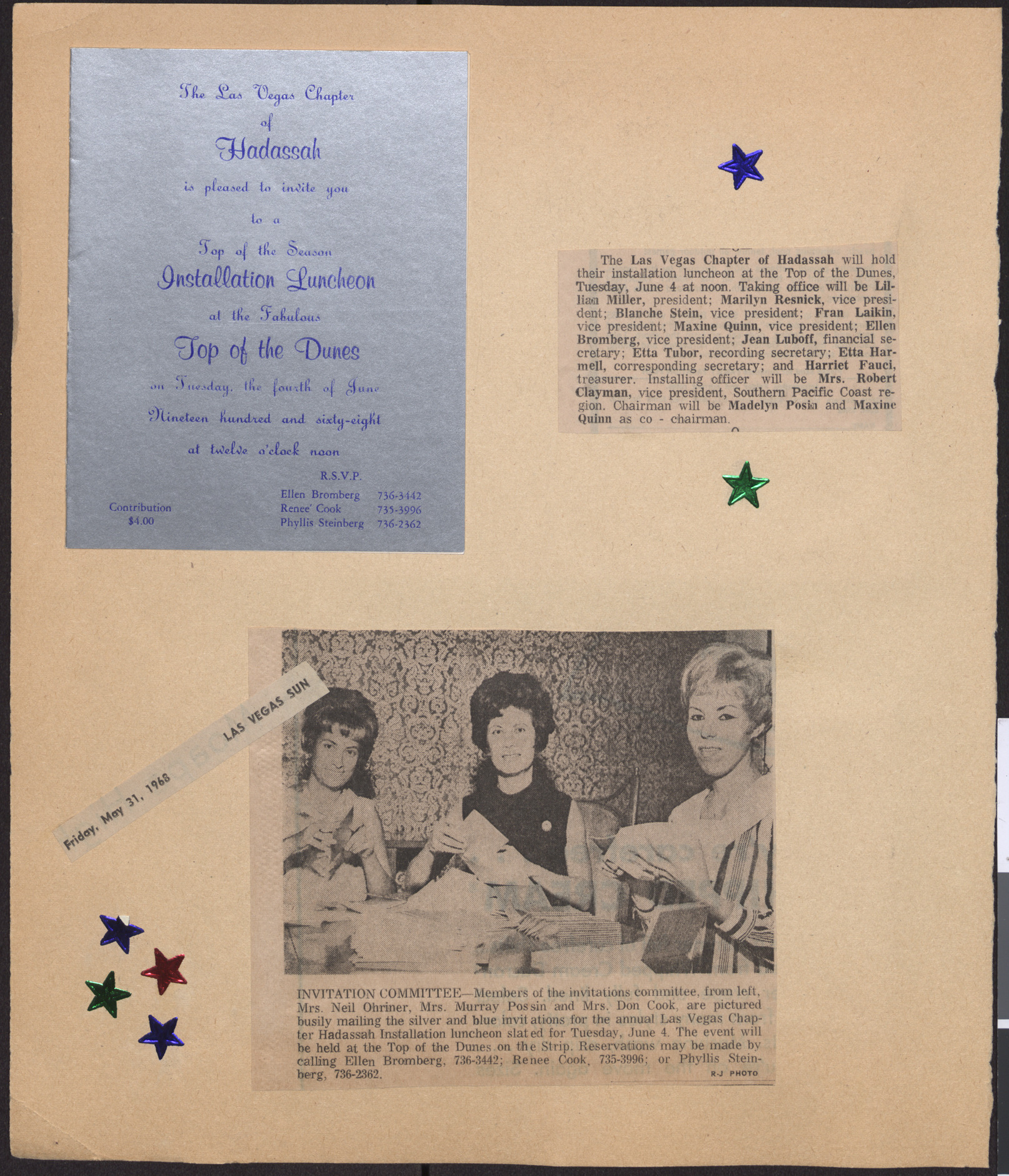 Invitations and newspaper clippings about the Hadassah installation luncheon, May/June 1968 to the Hadassah Installation Luncheon, June 4, 1968