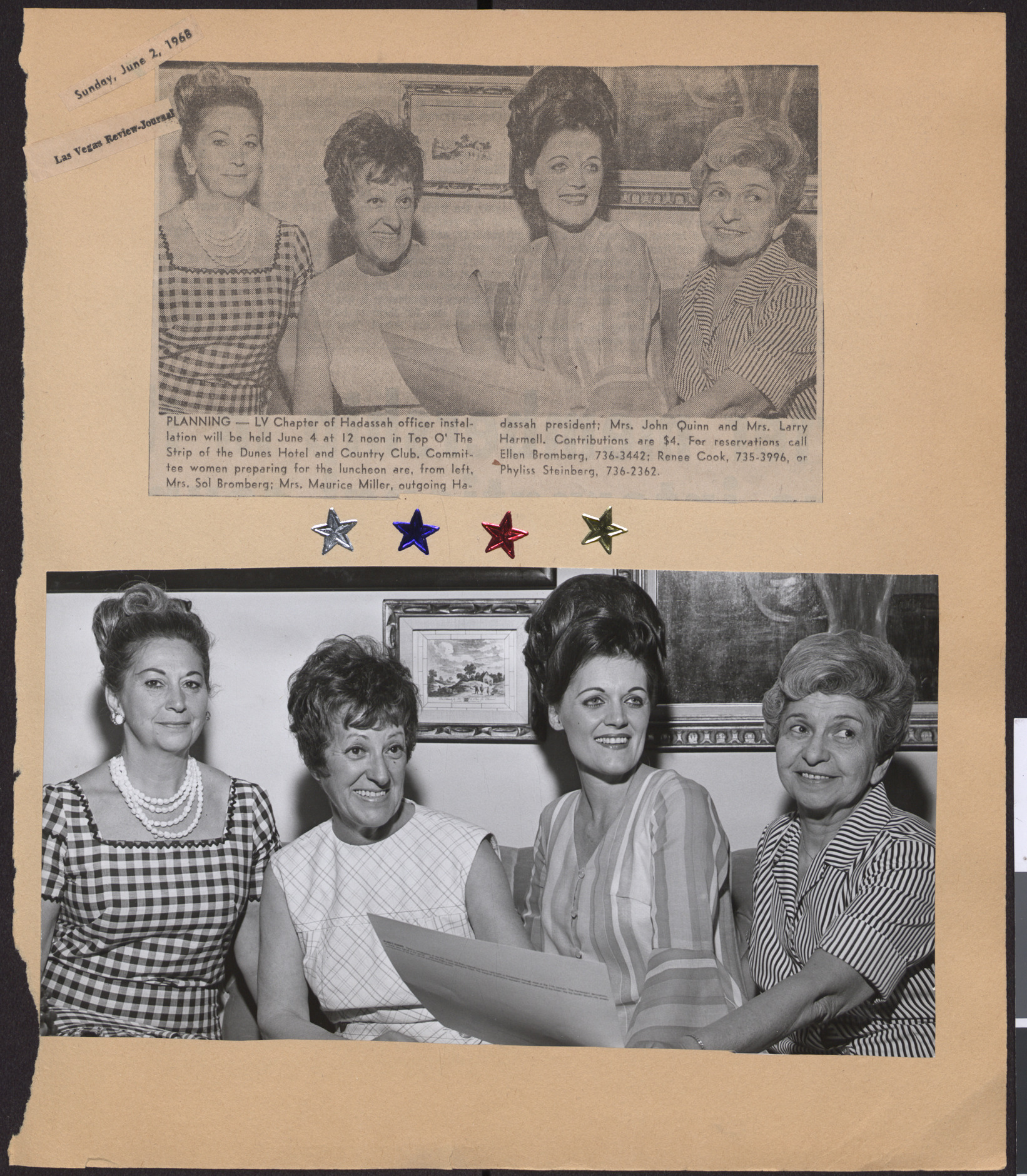 Newspaper clipping, Planning, Las Vegas Review-Journal, June 2, 1968, and photograph of the Hadassah Luncheon Committee