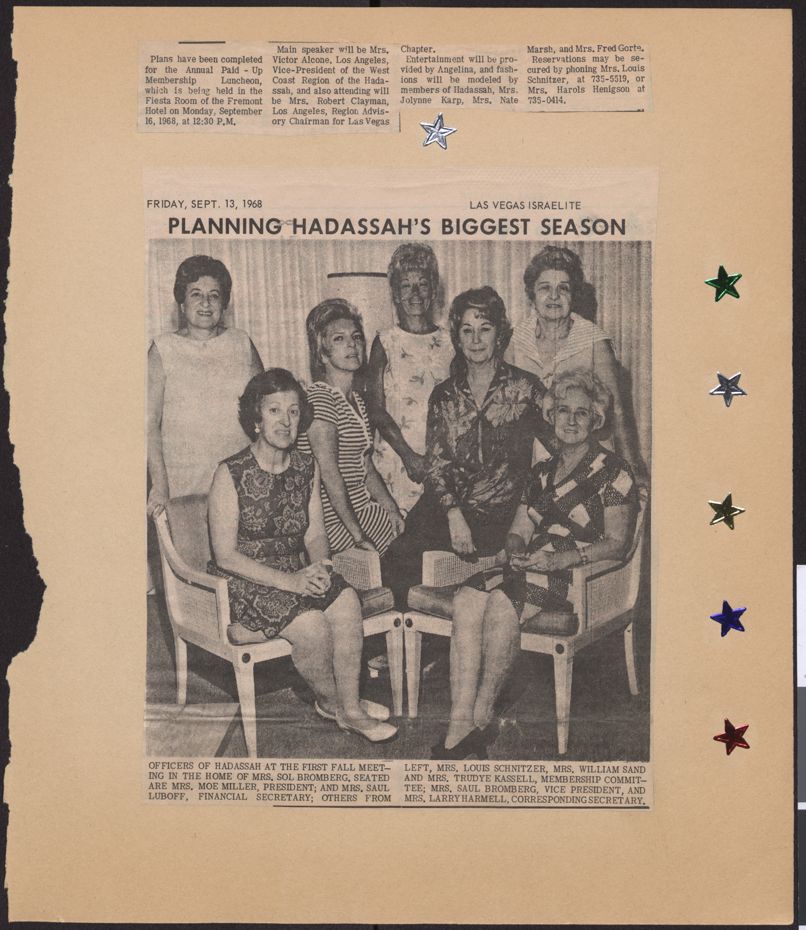 Newspaper clippings, Membership luncheon, publication and date unknown, and Planning Hadassah's Biggest Season, Las Vegas Israelite, September 13, 1968