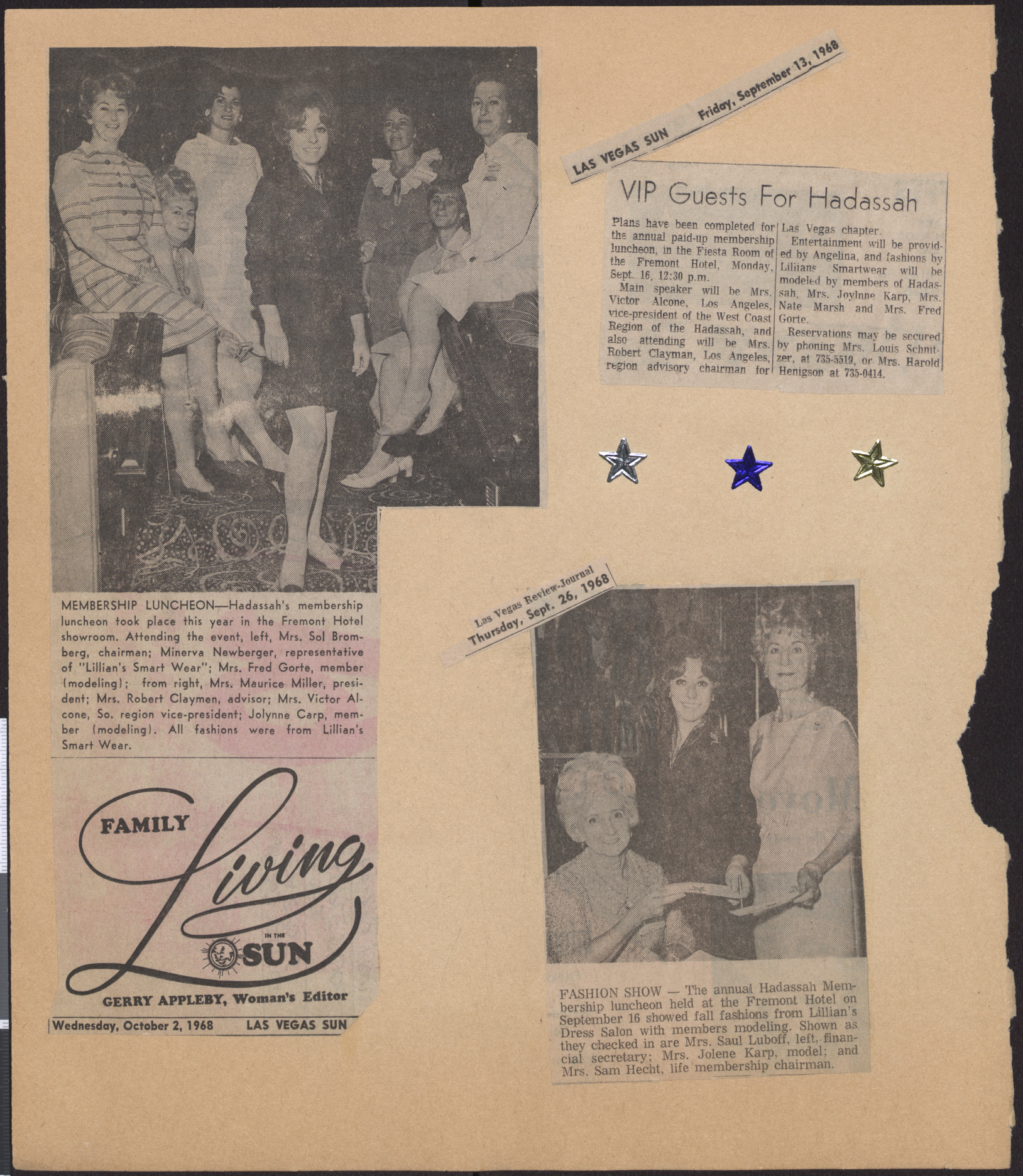 Newspaper clippings about Hadassah membership luncheon and fashion show, September/October 1968