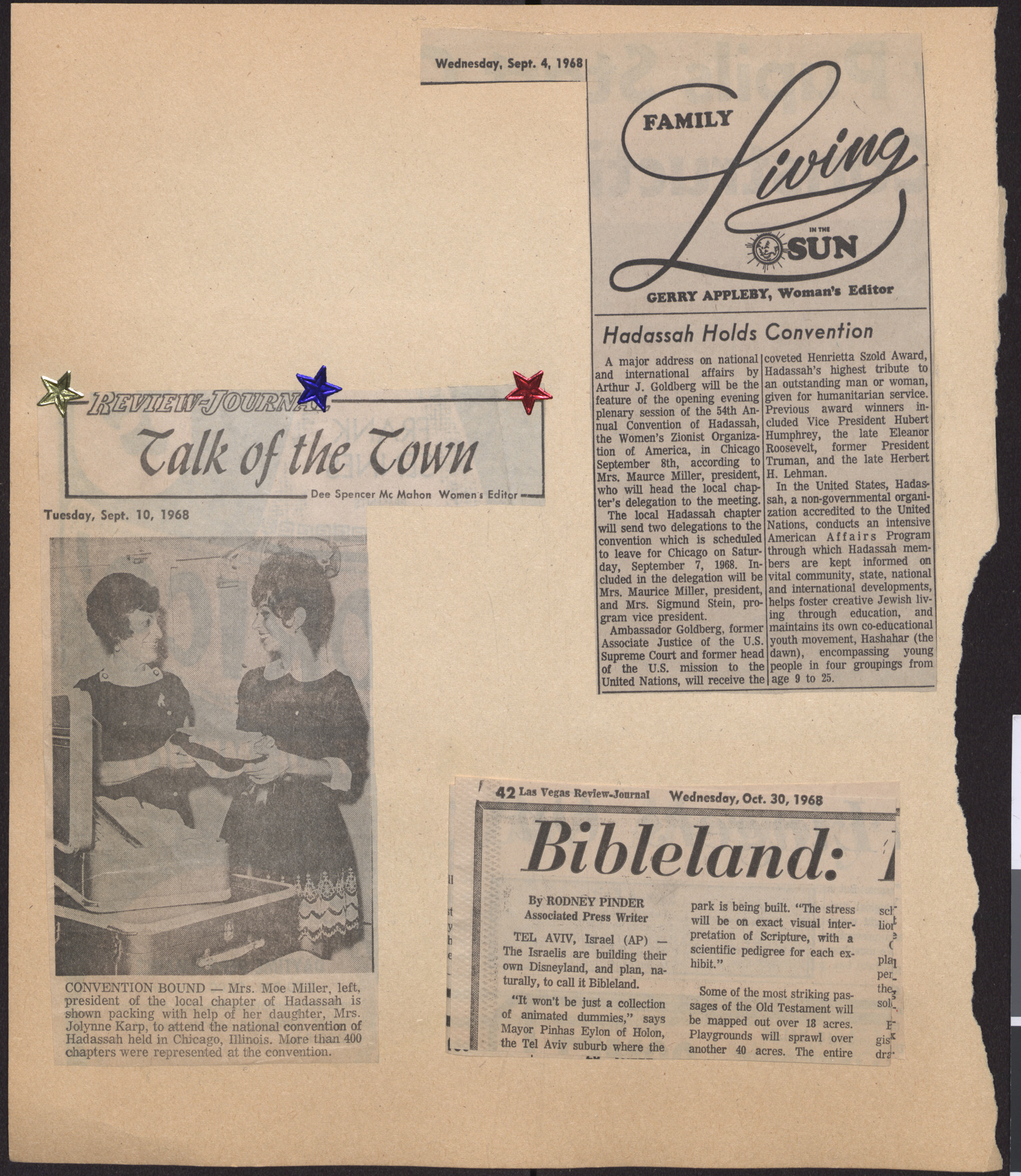 Newspaper clippings, Convention Bound, Las Vegas Review-Journal, September 10, 1968, and Hadassah Holds Convention, September 4, 1968
