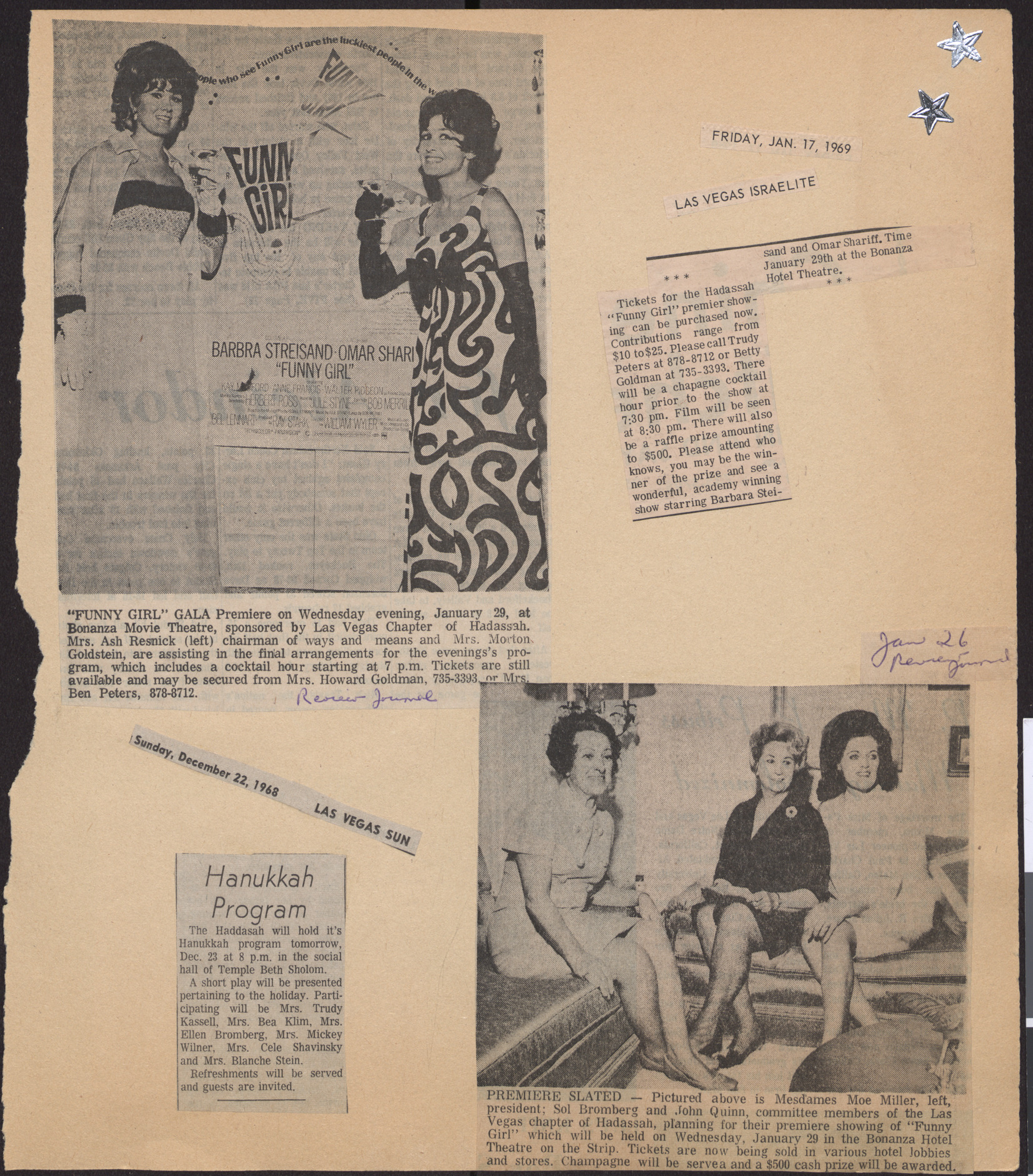 Newspaper clippings about Hadassah's premier event for Funny Girl film, December 1968