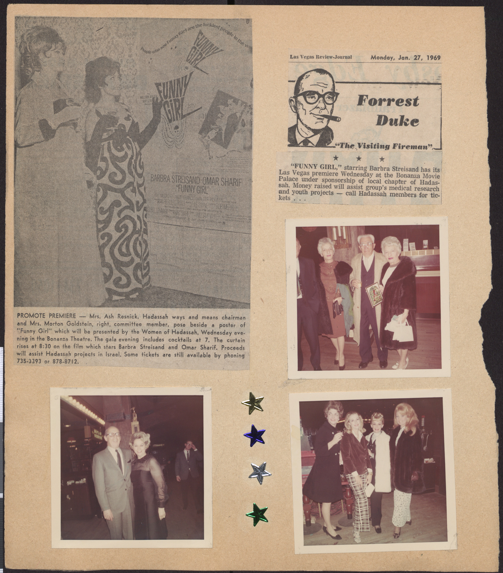 Newspaper clippings about the premier of Funny Girl film and photographs of event, January 1969