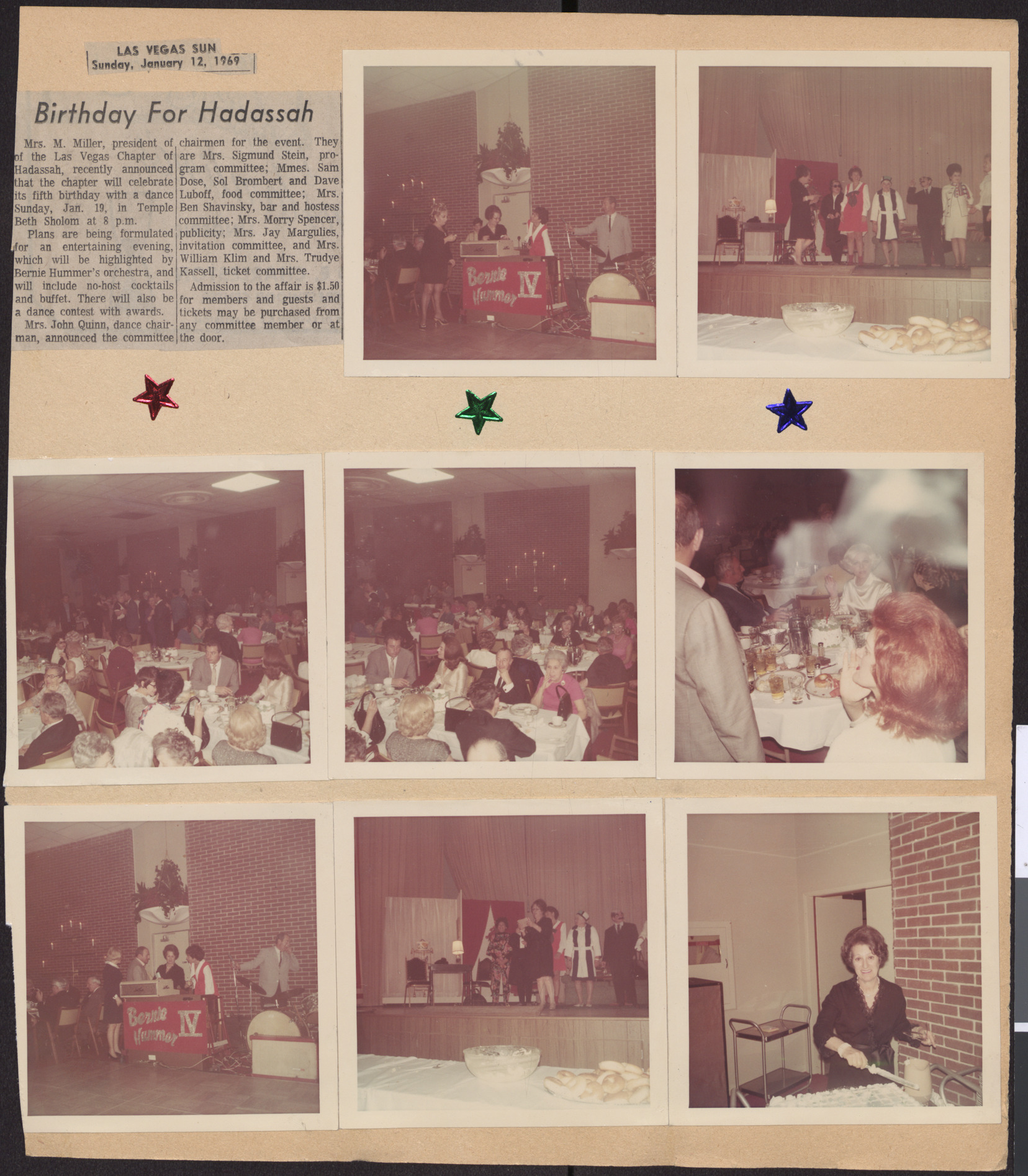 Newspaper clipping, Birthday for Hadassah, Las Vegas Sun, January 12, 1969, and eight photographs of birthday celebrations for Hadassah