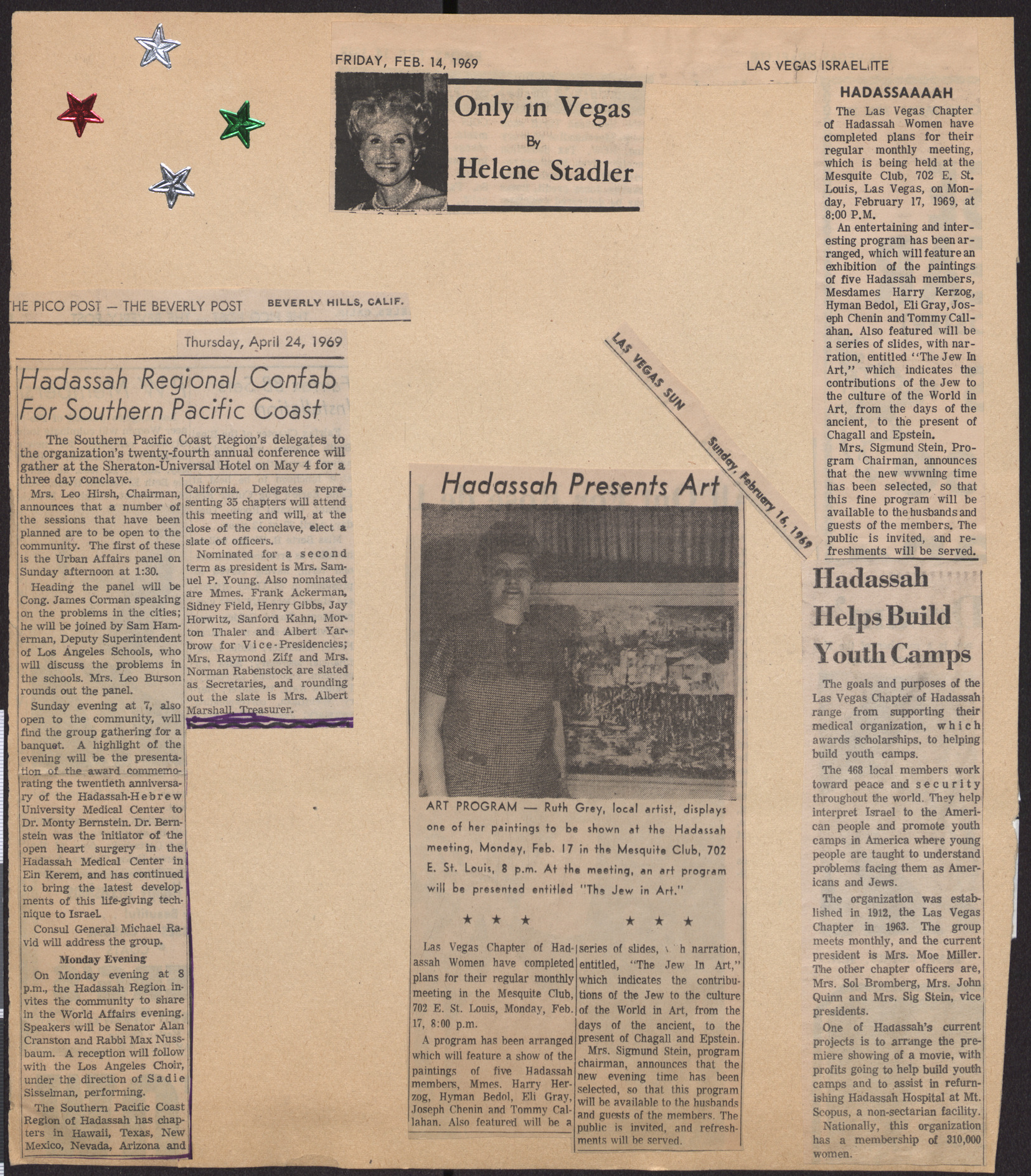 Newspaper clippings about Hadassah events and meetings, February 1969