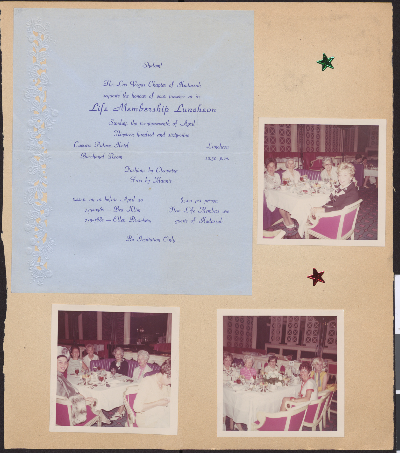 Invitation to Life Membership Luncheon, April 27, 1969, and photographs of Hadassah membership luncheon