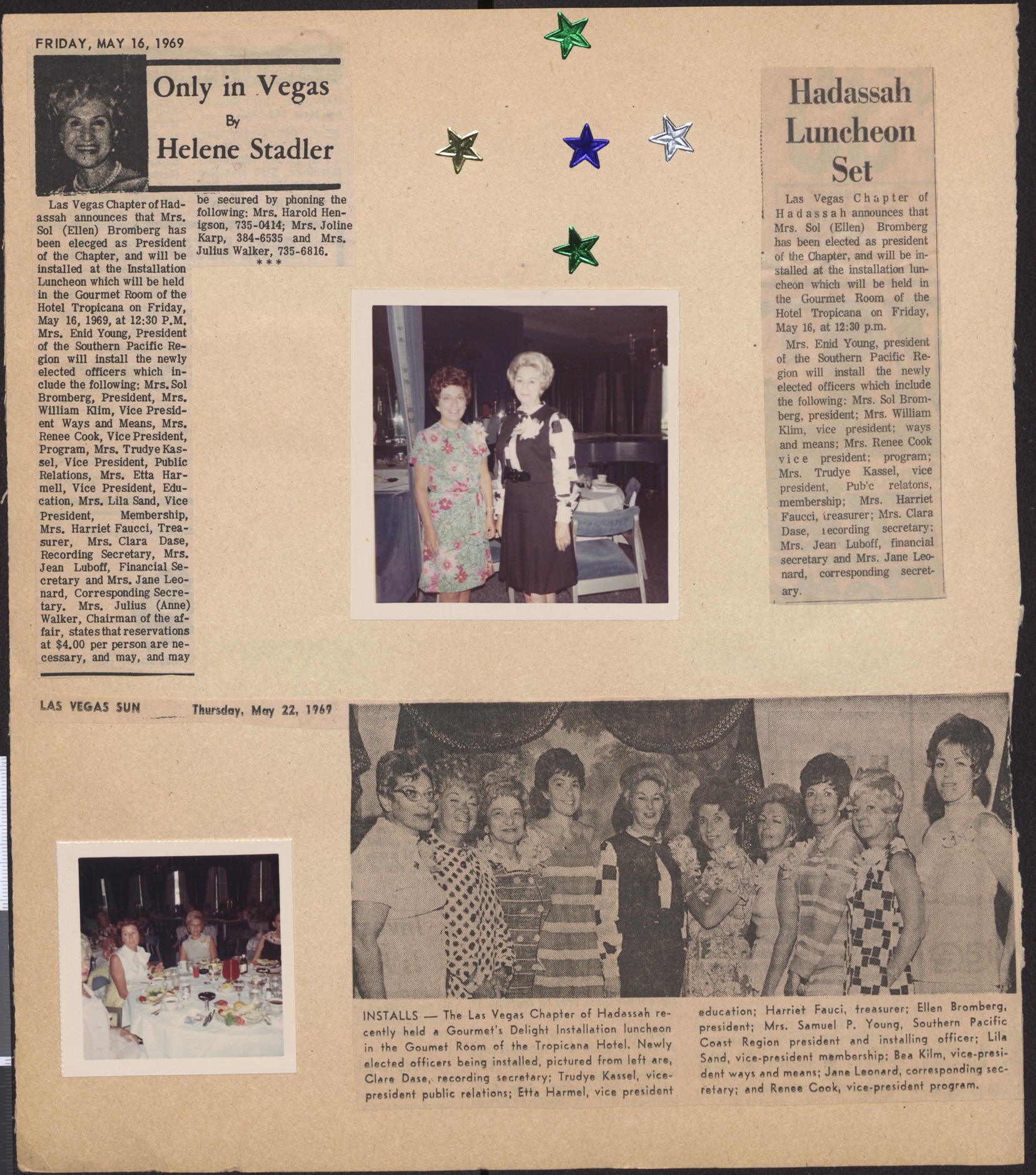 Newspaper clippings about Hadassah luncheon and officer installation events and photographs, May 1969